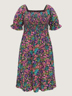 Playful Floral Print Shirred Midi Dress
