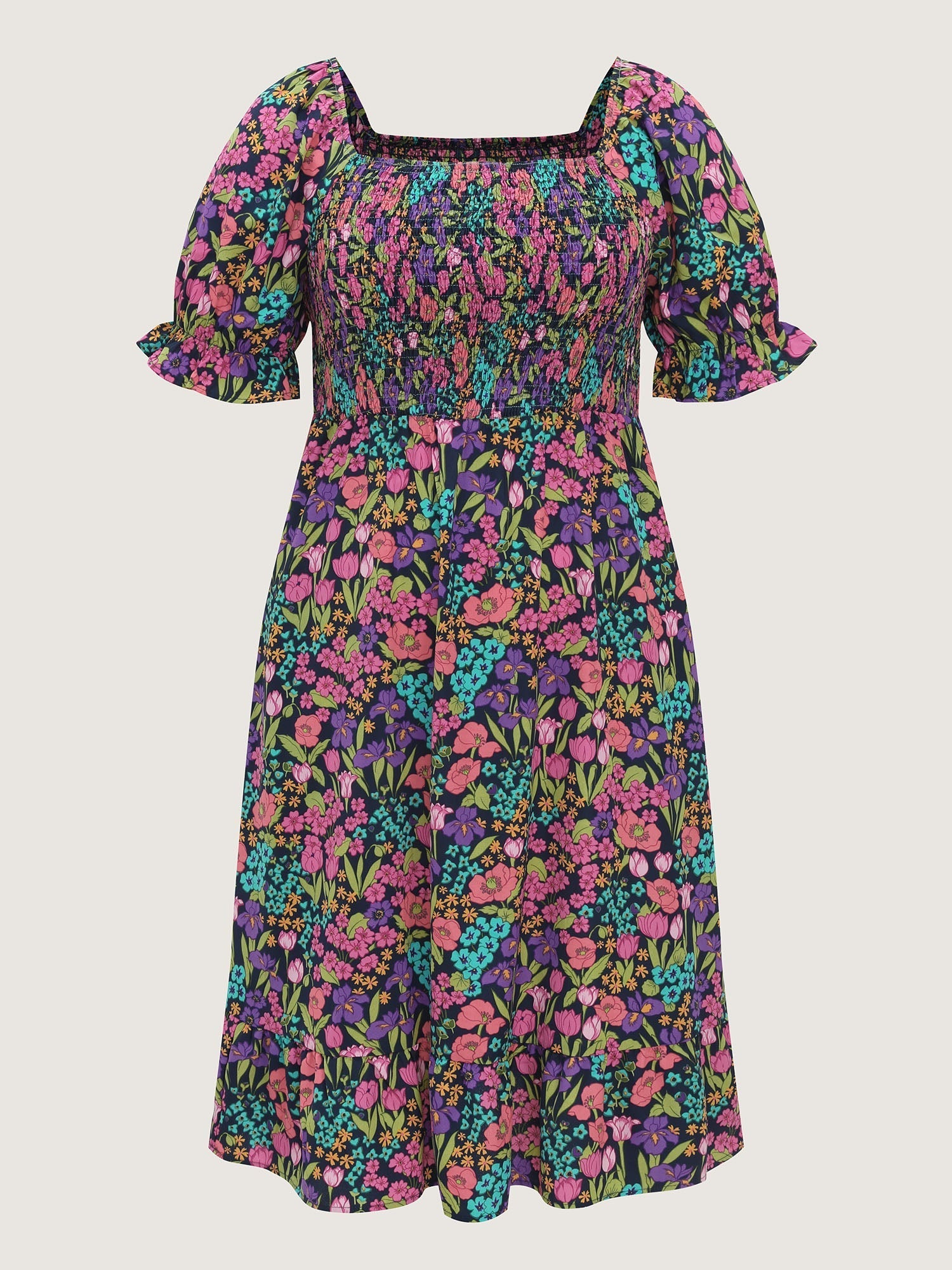 Playful Floral Print Shirred Midi Dress
