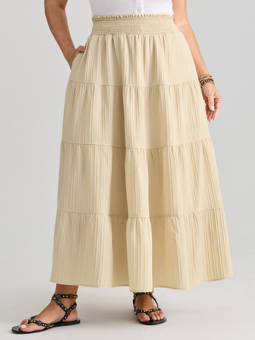 Shirred Wide Waistband Tiered Maxi Skirt