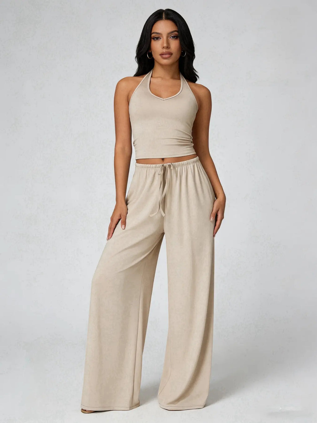 Women's Solid Crop Tank Top & Wide Leg Pants Set, Casual V Neck Sleeveless Top & Trousers for Daily Outdoor Wear, Ladies Sportswear for Summer Sports, Yoga and Airport Outfits, Gym Outfit