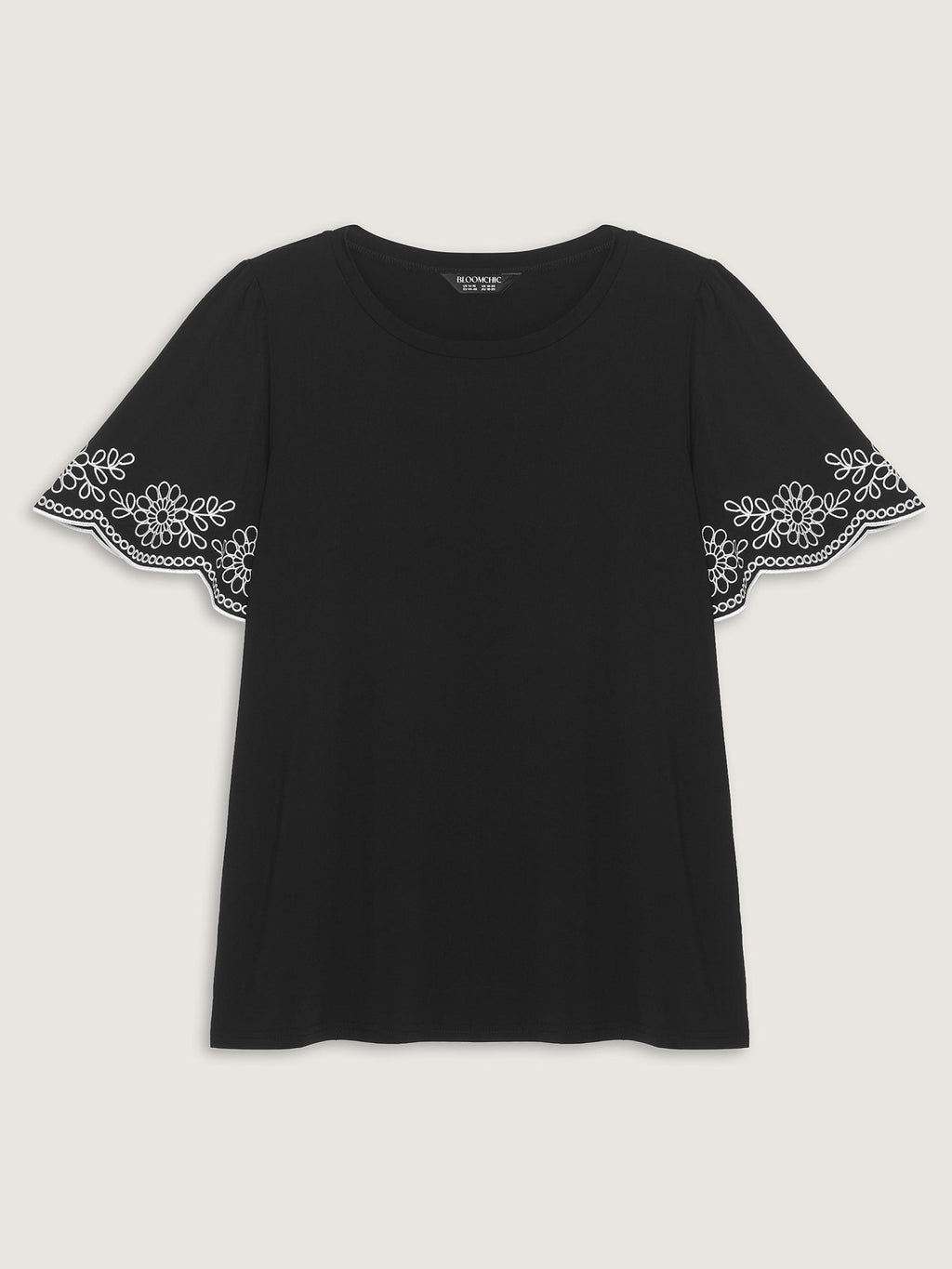 Stretchy Embroidered Sleeve Plain T-Shirt