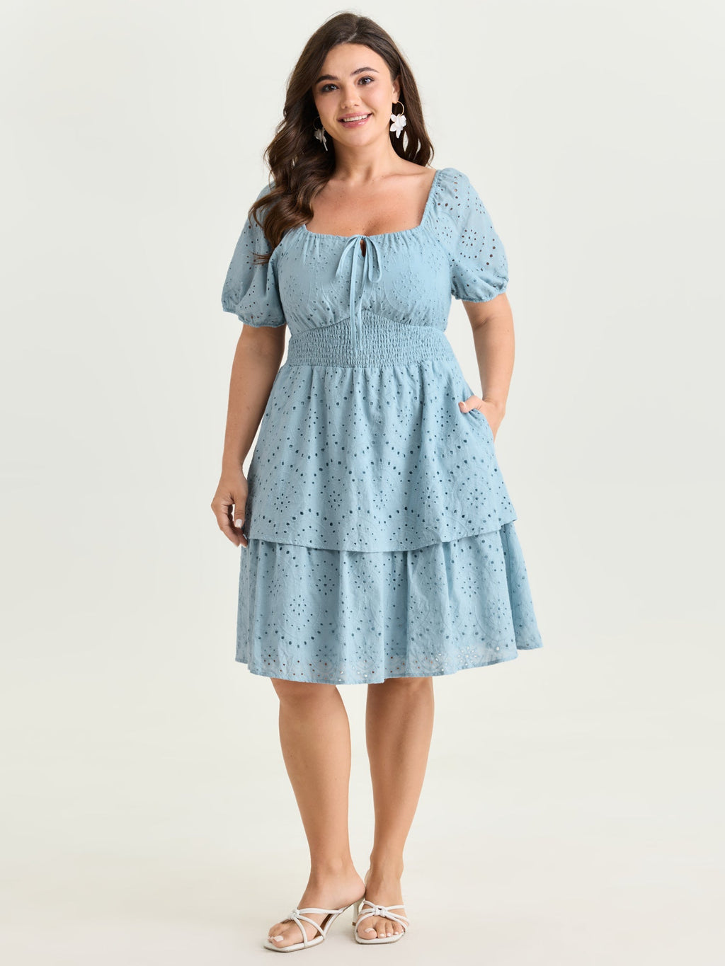 Eyelet Embroidered Cinched Waist Mini Dress