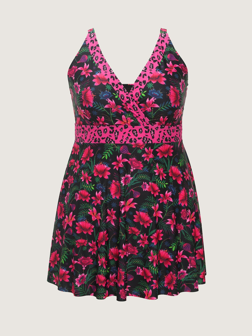 Tropical Floral Print Pockets Swim Dress