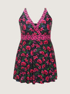 Tropical Floral Print Pockets Swim Dress