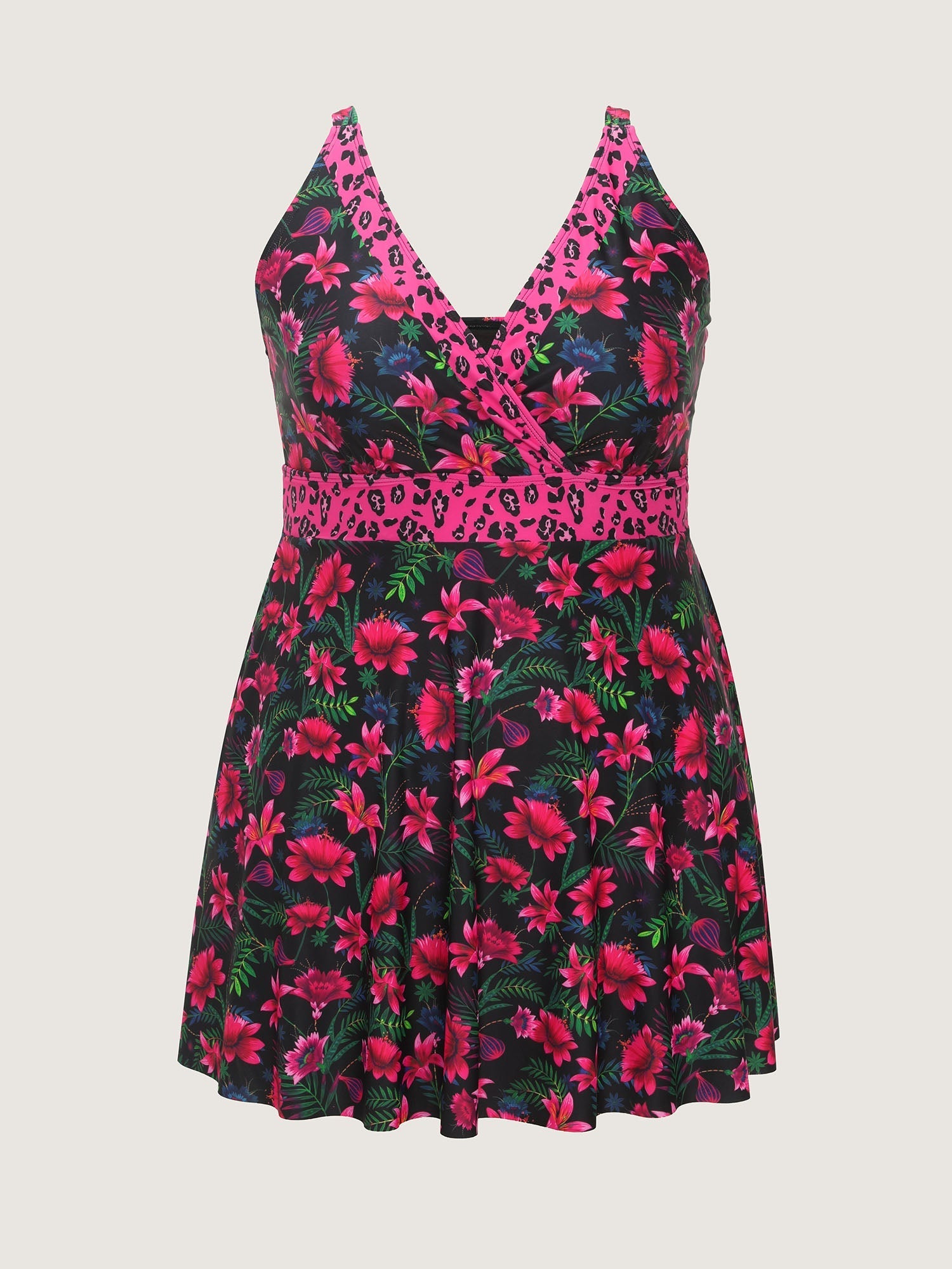 Tropical Floral Print Pockets Swim Dress