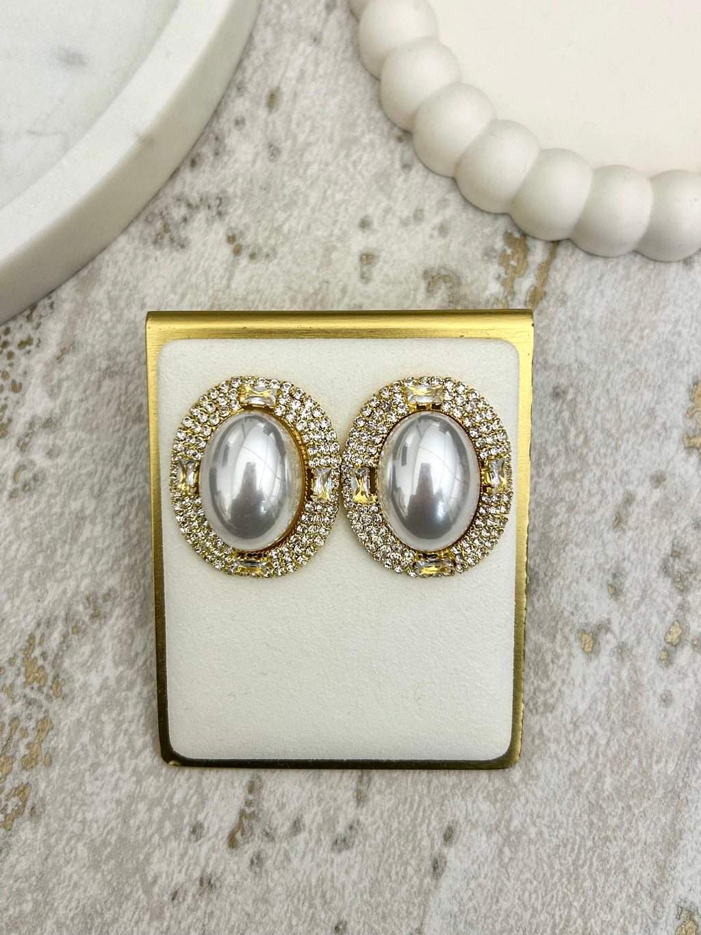 Oval Pearl Diamante Trim Stud Earrings (2 Colours)