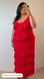 CurveWow Ruffle Tiered Maxi Dress Red