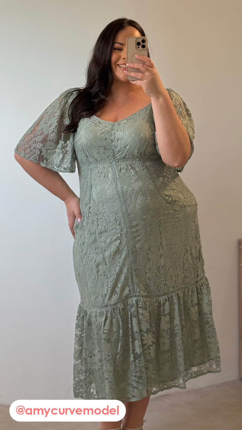 CurveWow Lace Frill Hem Midaxi Dress Sage Green