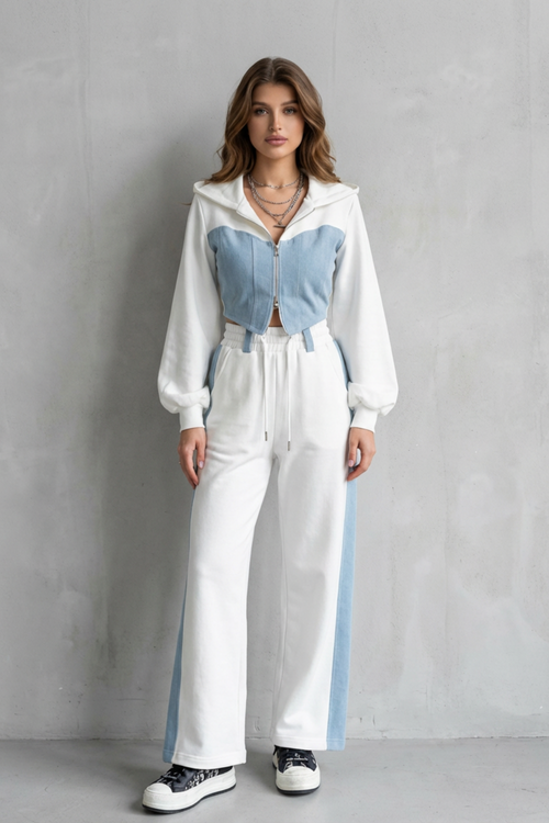 Arlo – Denim Splice – Two-Piece Hoodie & Sweatpant Set