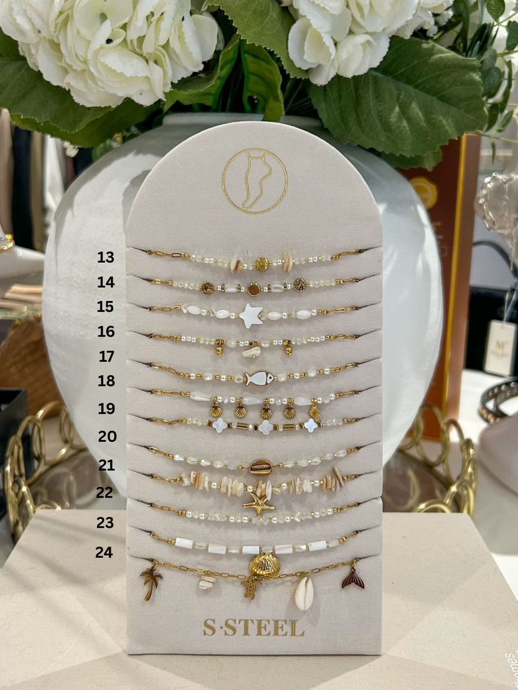 Gold Beaded White Anklets (24 Styles)
