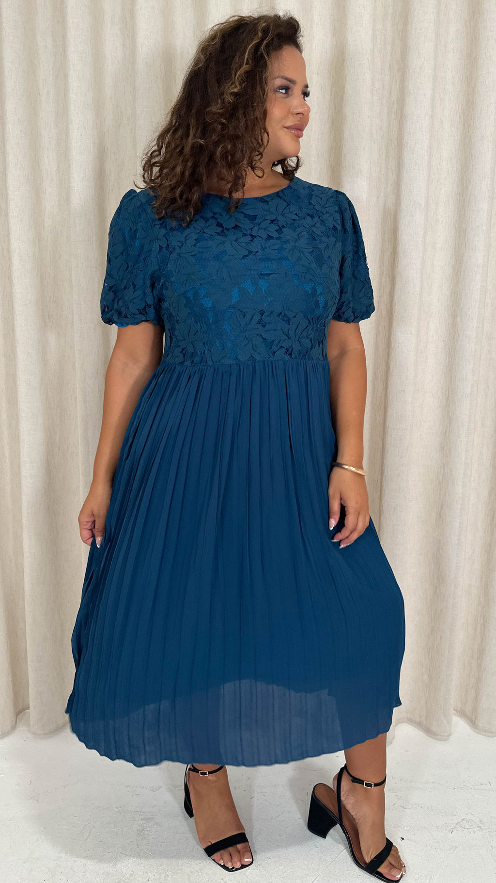 CurveWow Lace Top Pleated Dress Teal