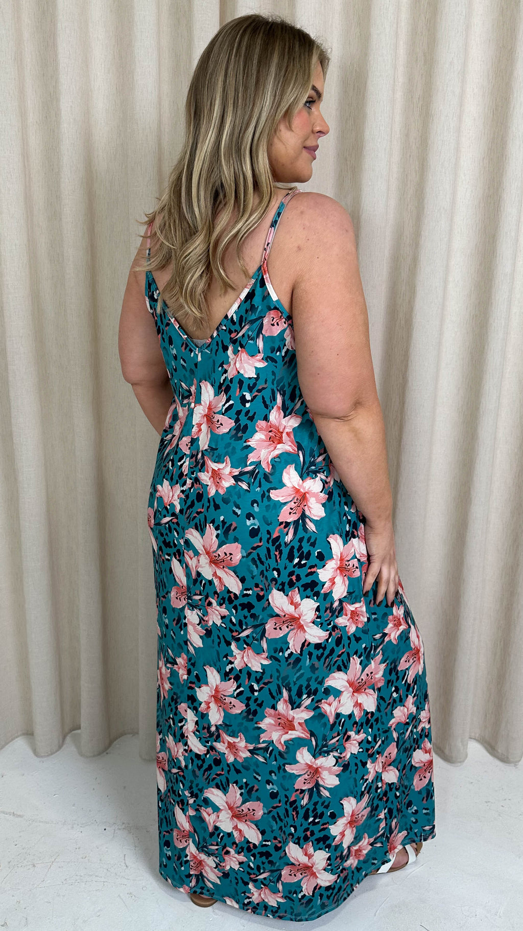 CurveWow Printed Tie Front Maxi Dress Teal Animal Floral