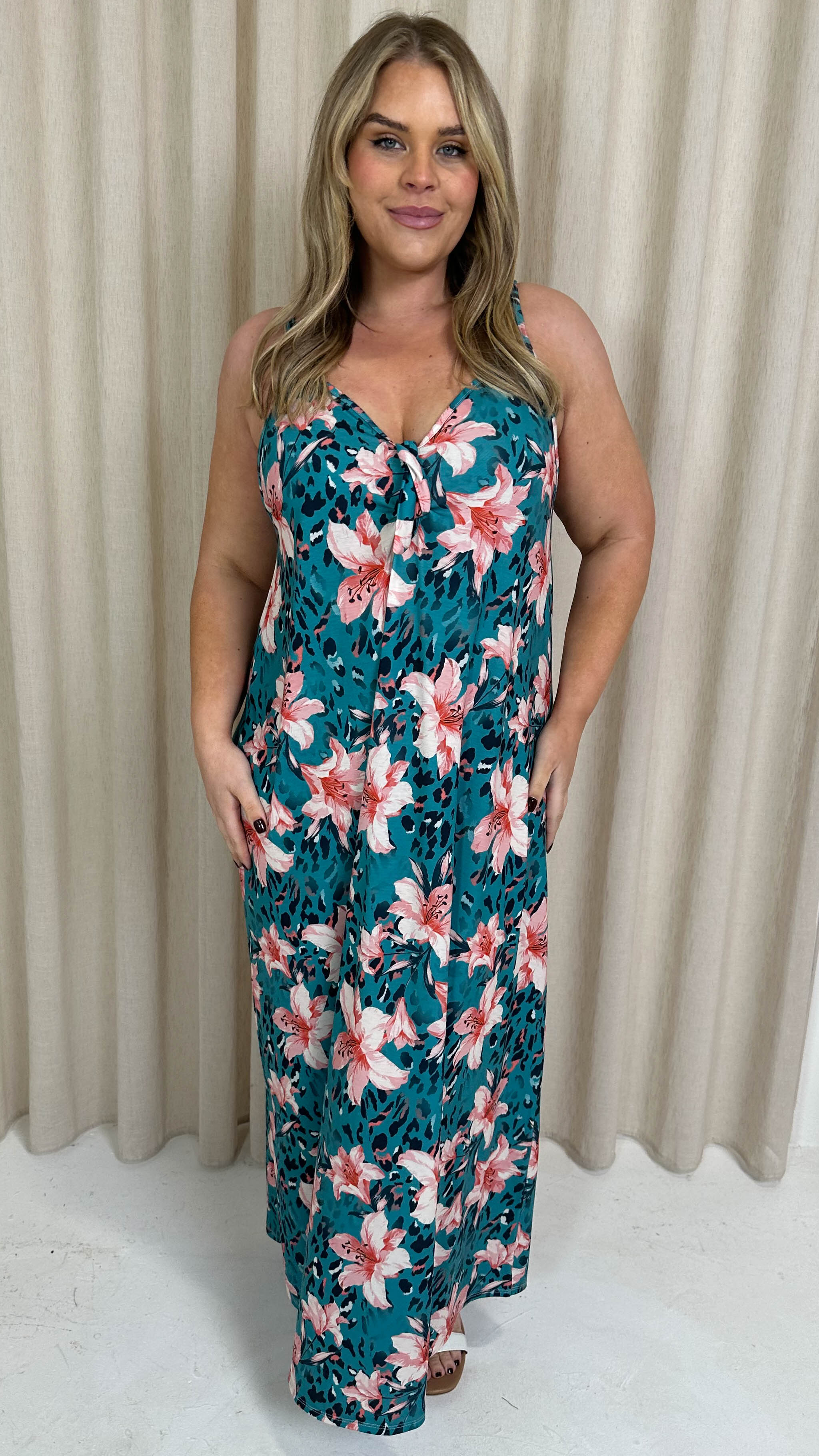 CurveWow Printed Tie Front Maxi Dress Teal Animal Floral