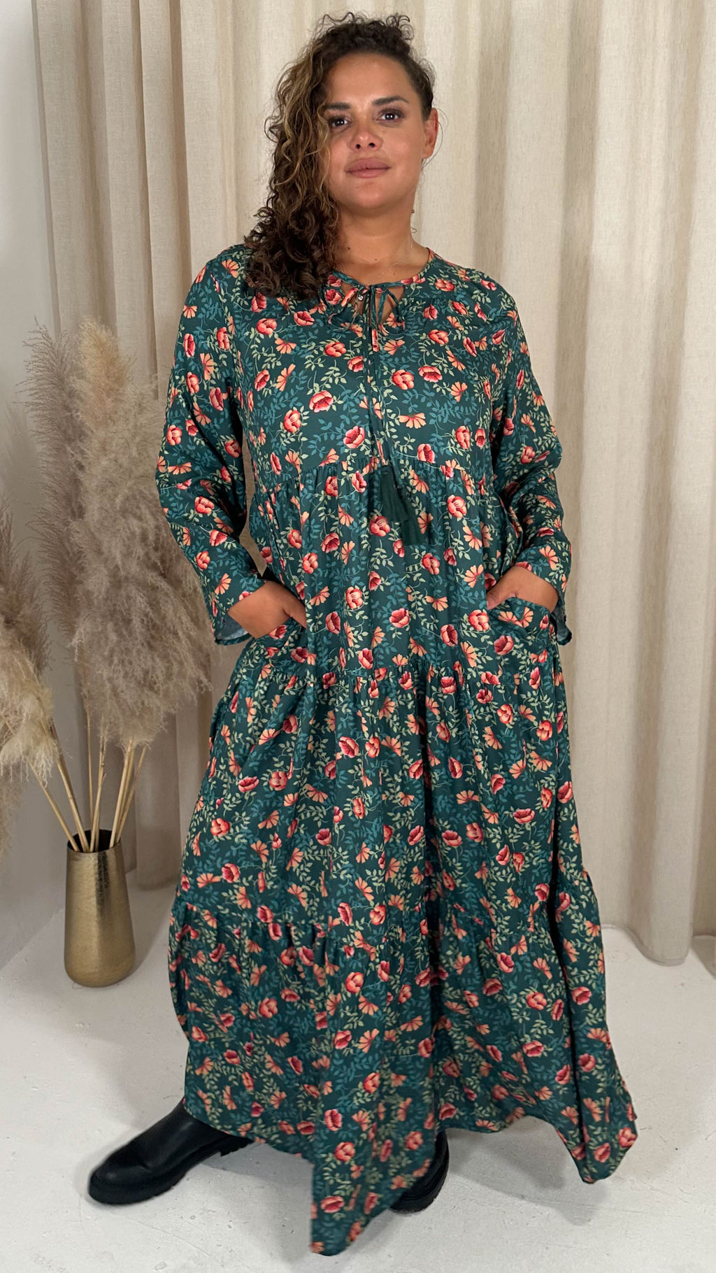 CurveWow Tassel Tiered Maxi Dress Green Floral