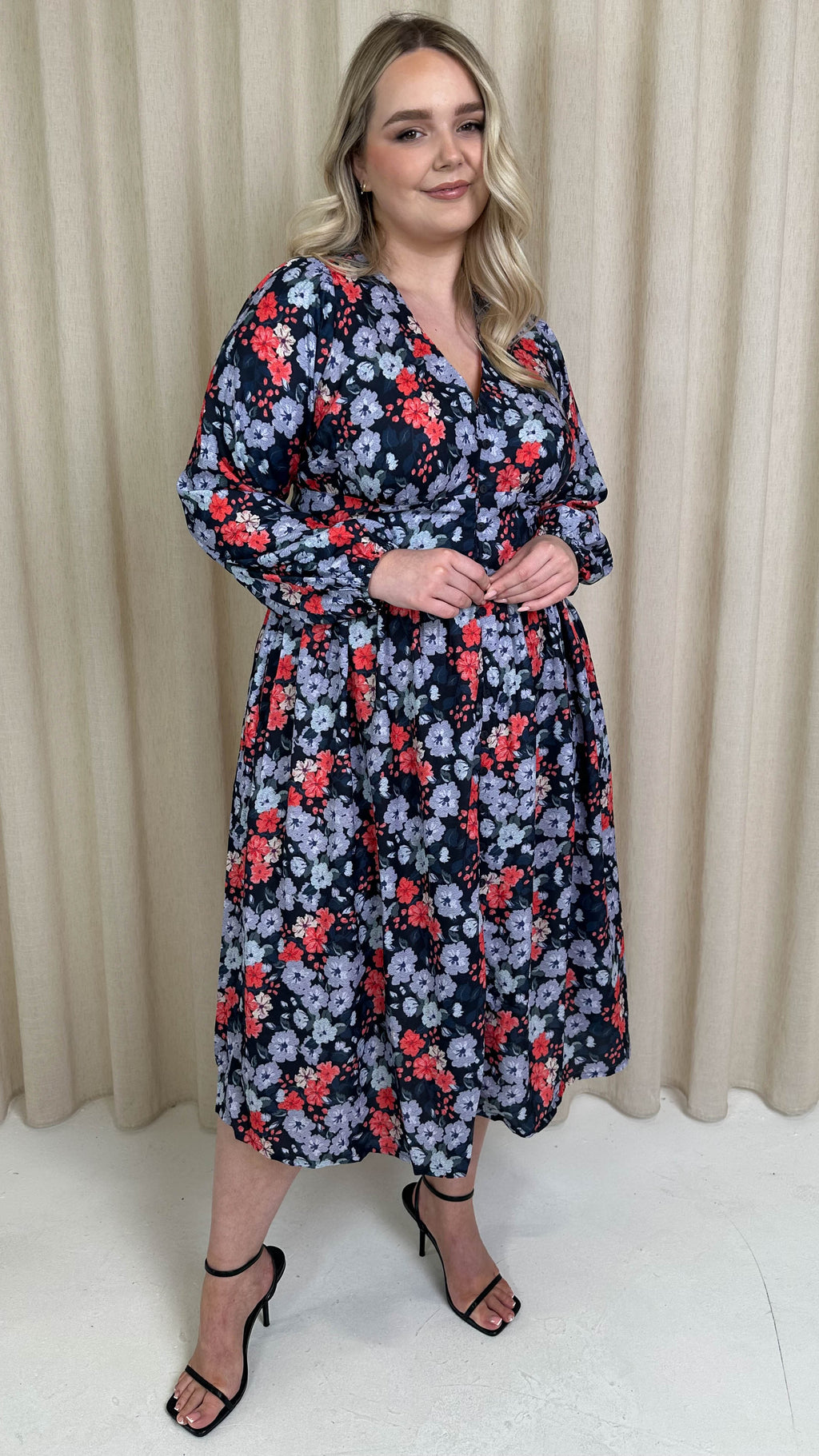 CurveWow Printed Button Front Midi Dress Blue/Red Floral