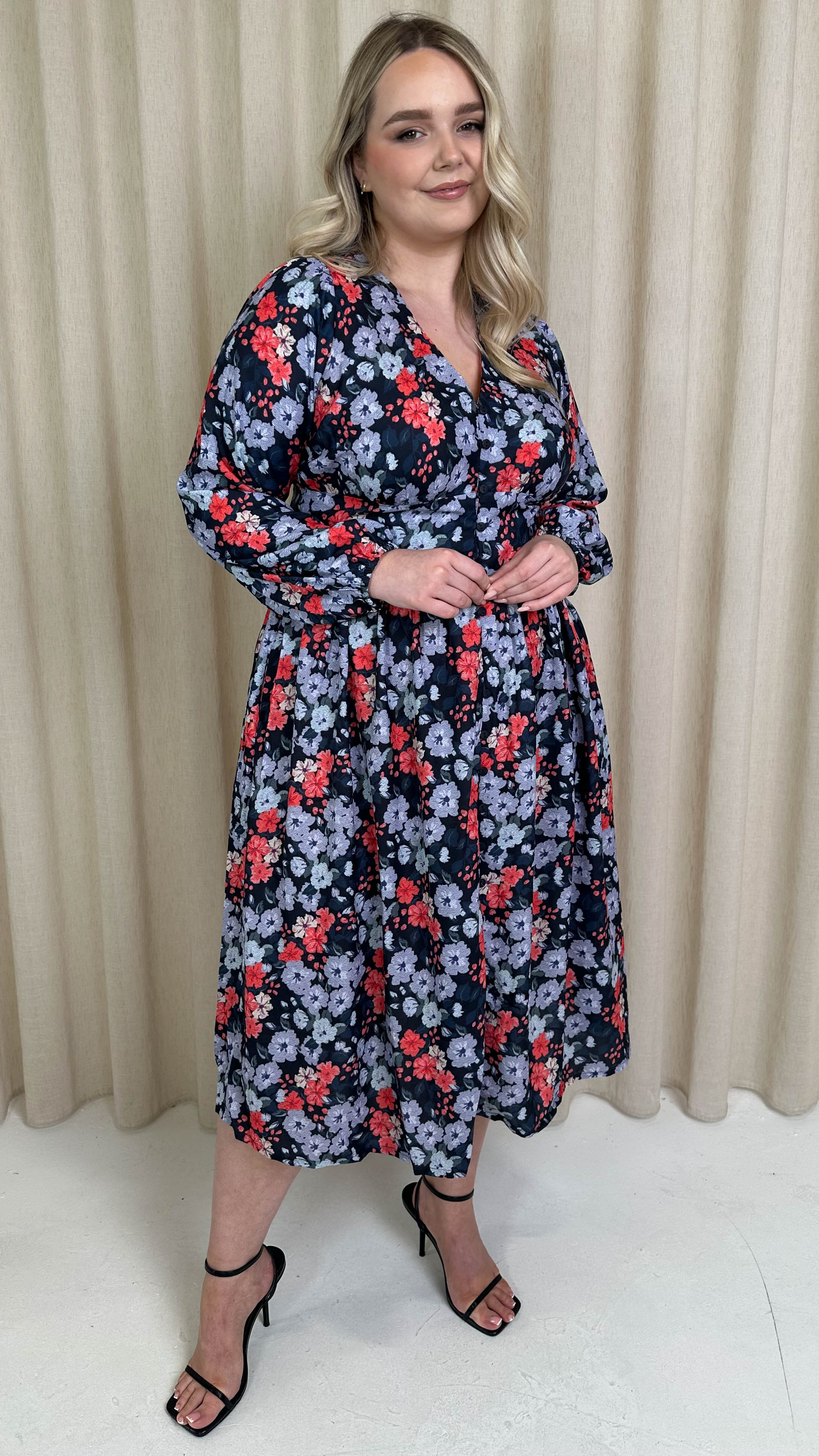 CurveWow Printed Button Front Midi Dress Blue/Red Floral