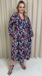 CurveWow Printed Button Front Midi Dress Blue/Red Floral