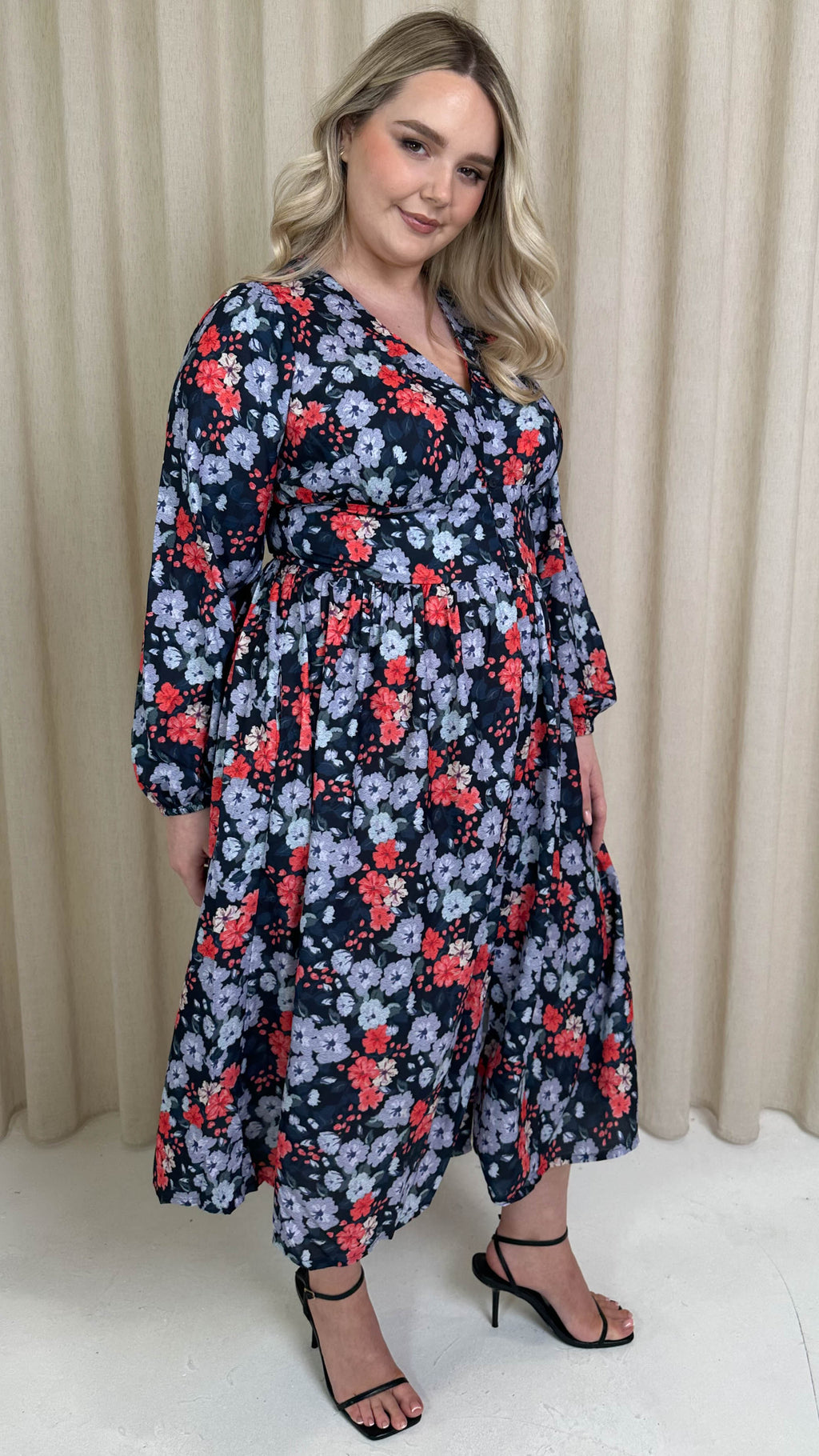 CurveWow Printed Button Front Midi Dress Blue/Red Floral