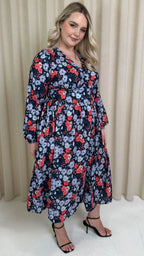 CurveWow Printed Button Front Midi Dress Blue/Red Floral