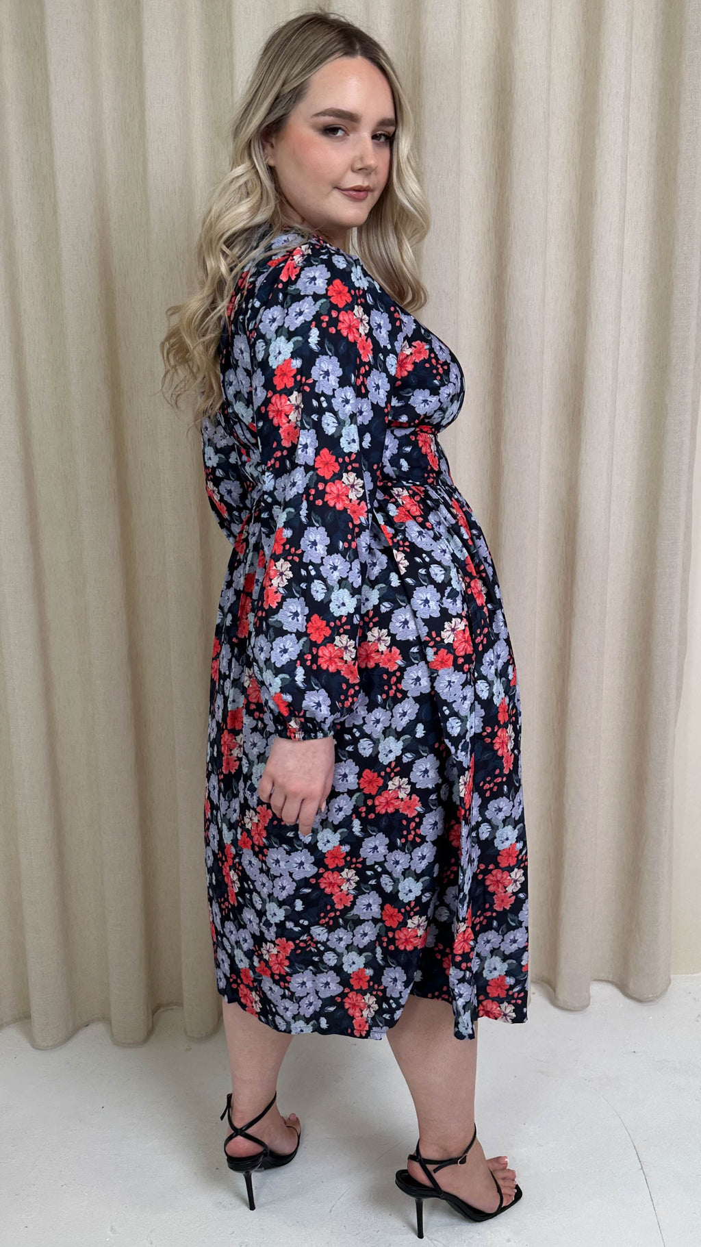 CurveWow Printed Button Front Midi Dress Blue/Red Floral