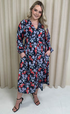 CurveWow Printed Button Front Midi Dress Blue/Red Floral