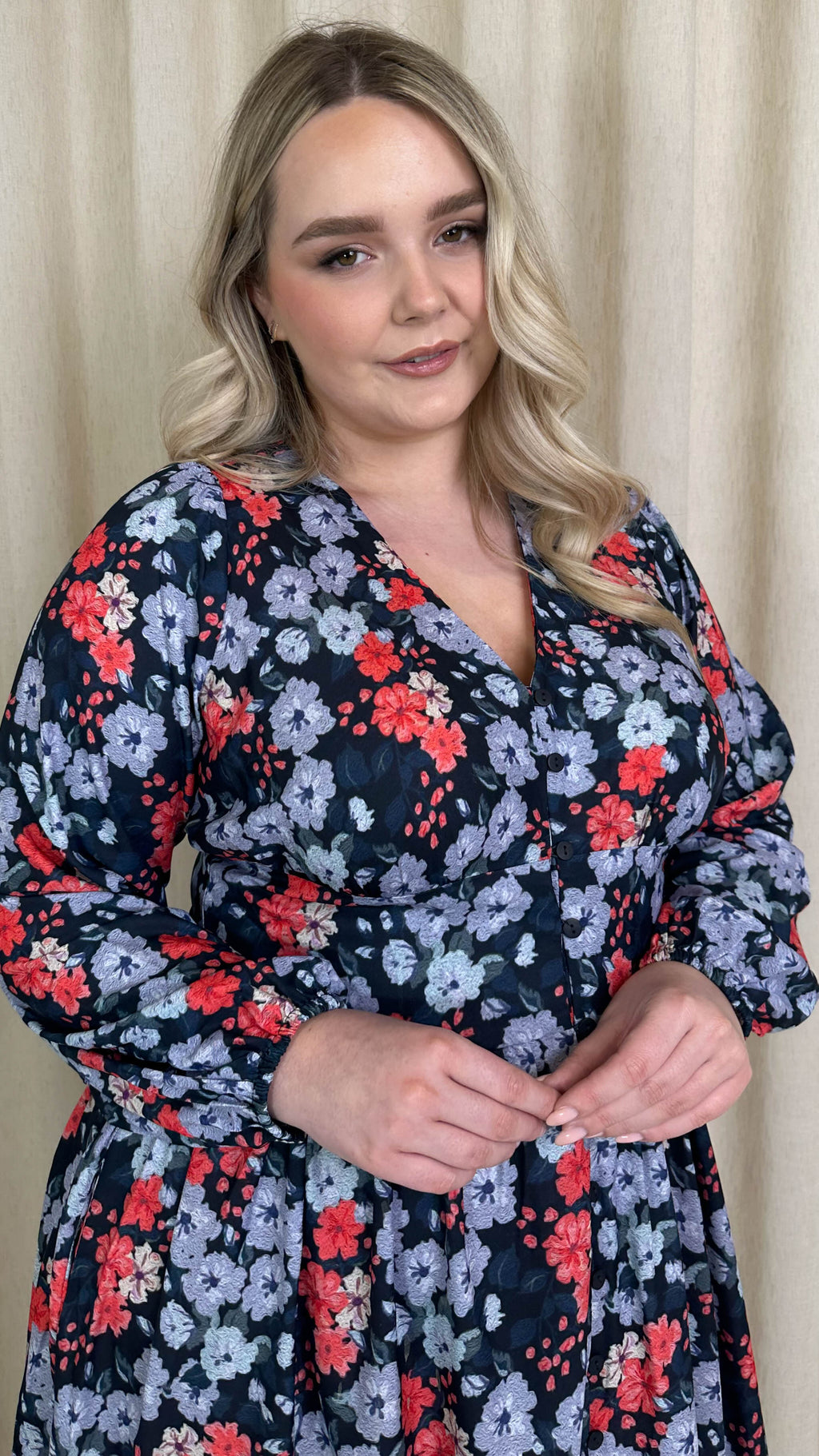 CurveWow Printed Button Front Midi Dress Blue/Red Floral