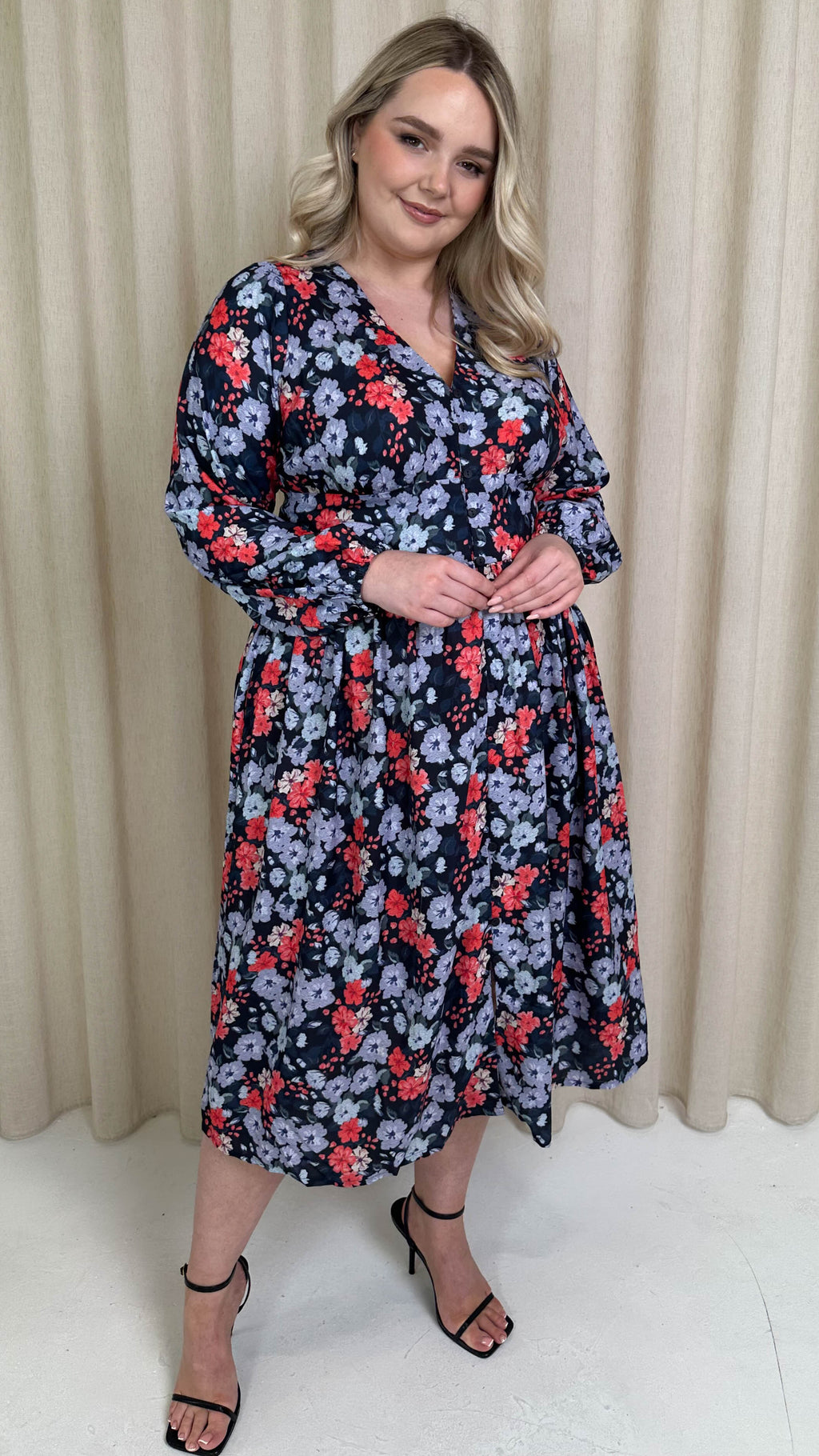 CurveWow Printed Button Front Midi Dress Blue/Red Floral