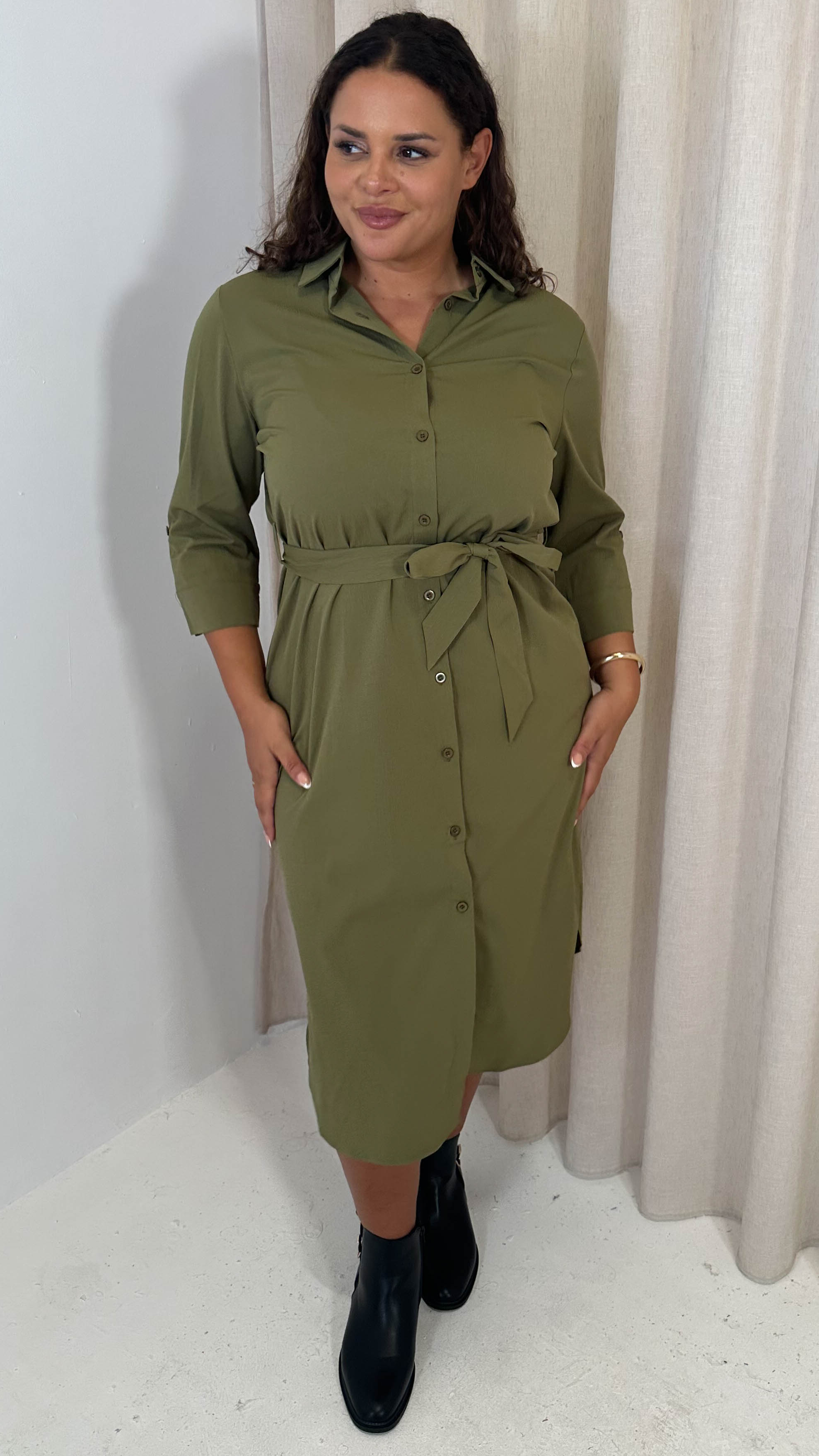 CurveWow Utility Shirt Dress Khaki
