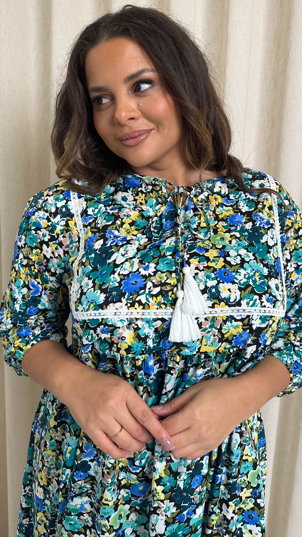 CurveWow Printed Lace Insert Smock Dress Blue Multi Floral