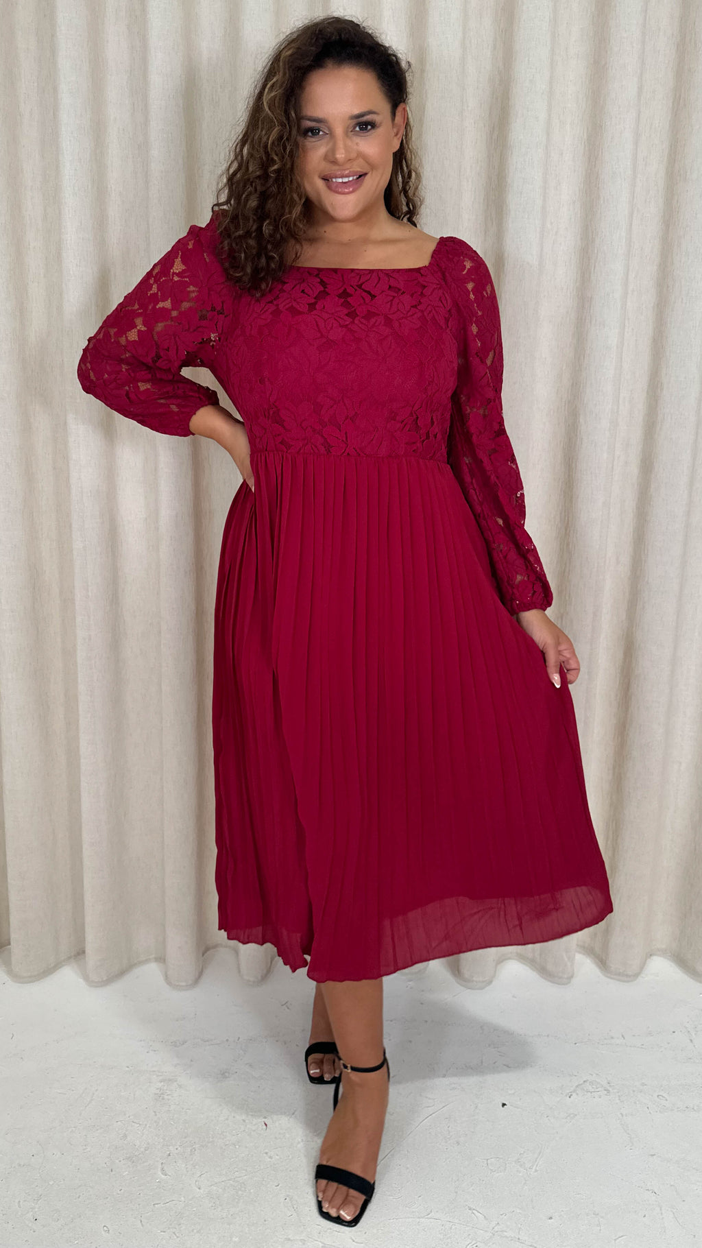 CurveWow Square Neck Lace Top Pleated Dress Wine