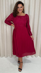 CurveWow Square Neck Lace Top Pleated Dress Wine