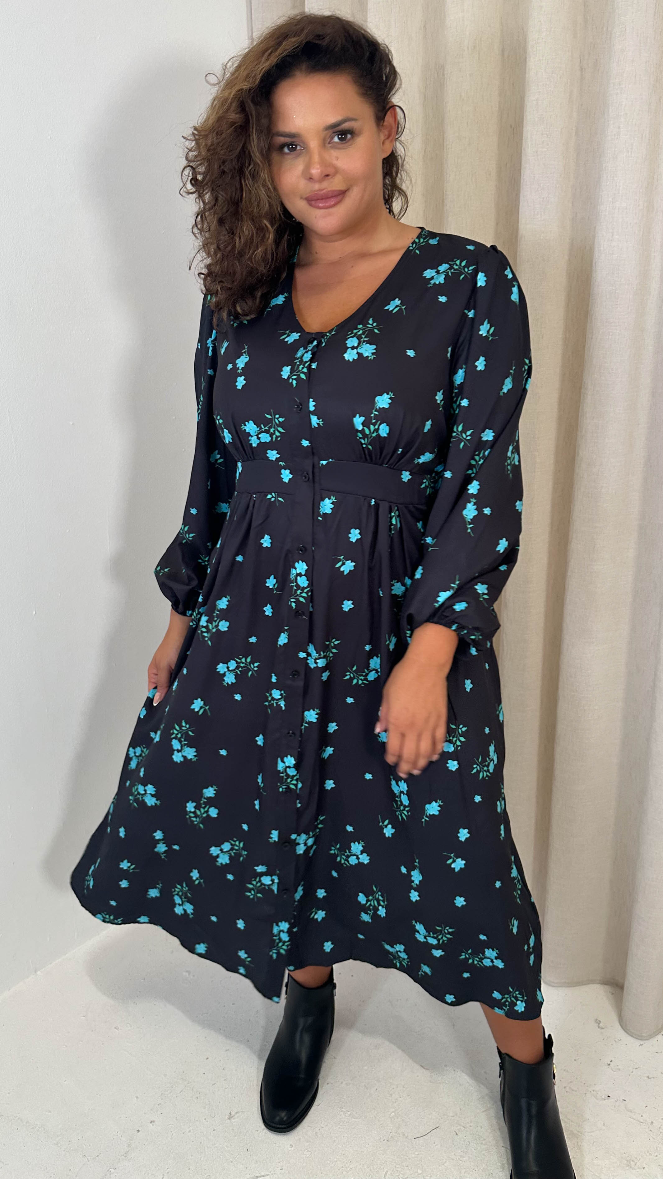 CurveWow Button Front Dress Black Blue Floral
