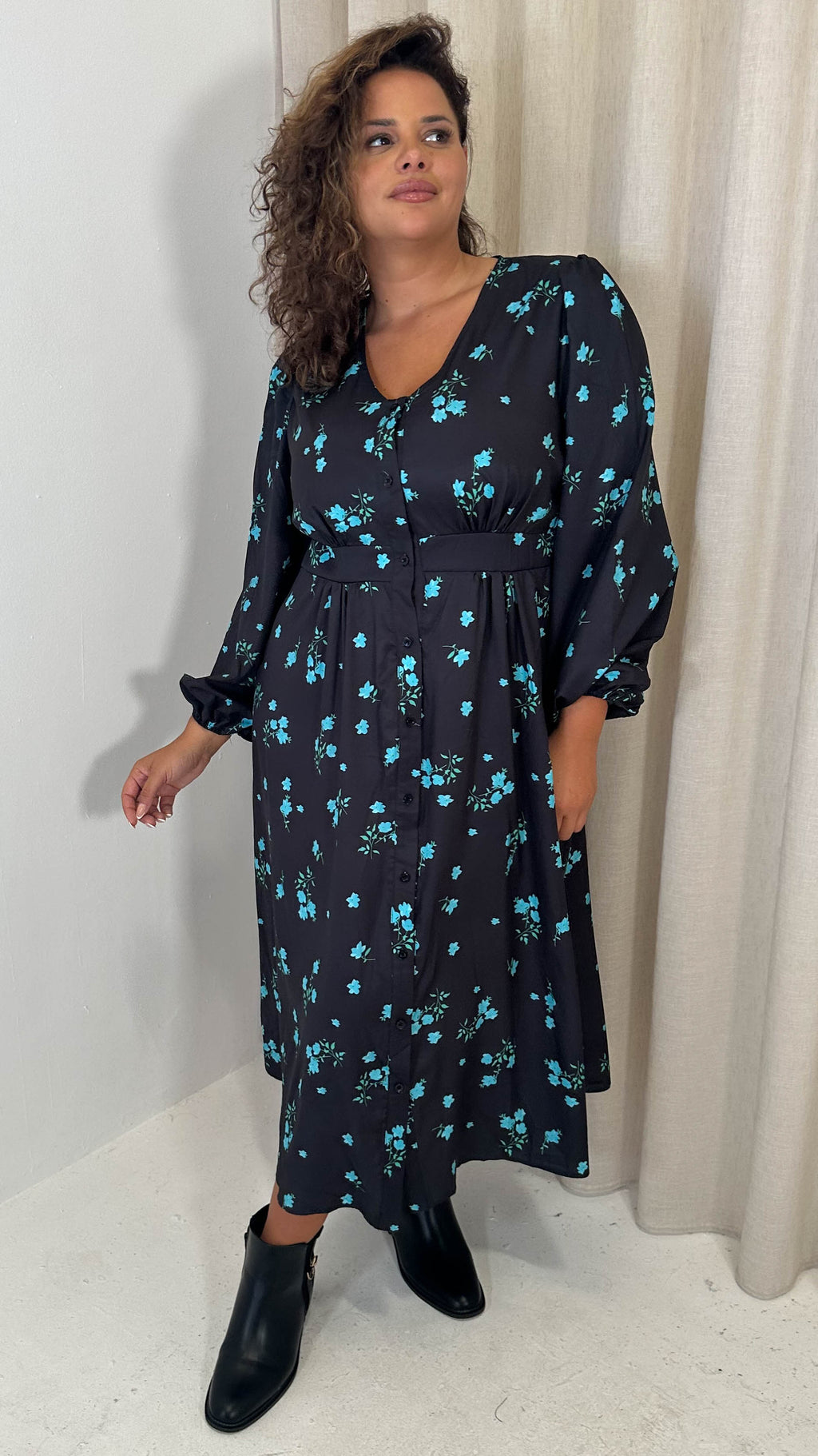 CurveWow Button Front Dress Black Blue Floral