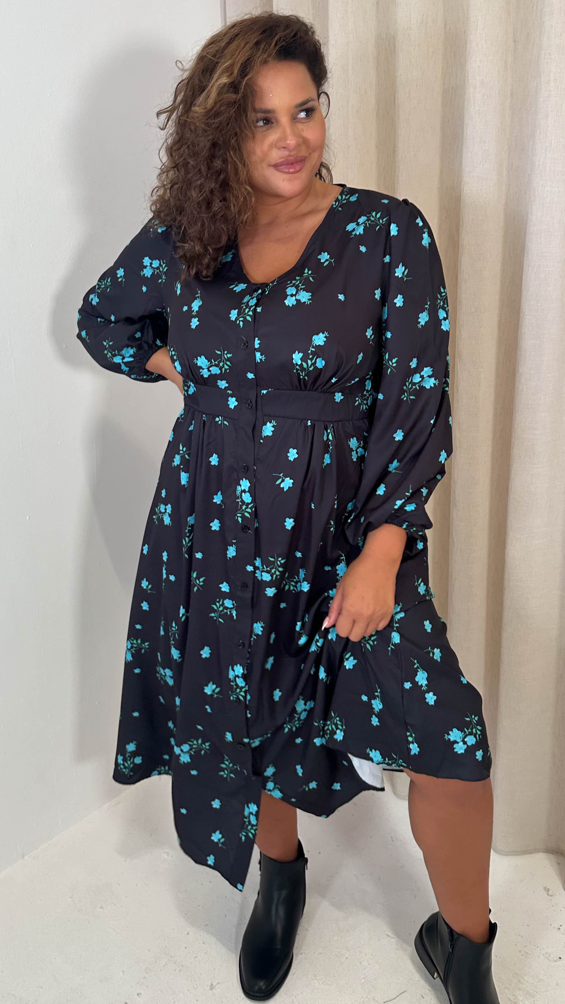 CurveWow Button Front Dress Black Blue Floral