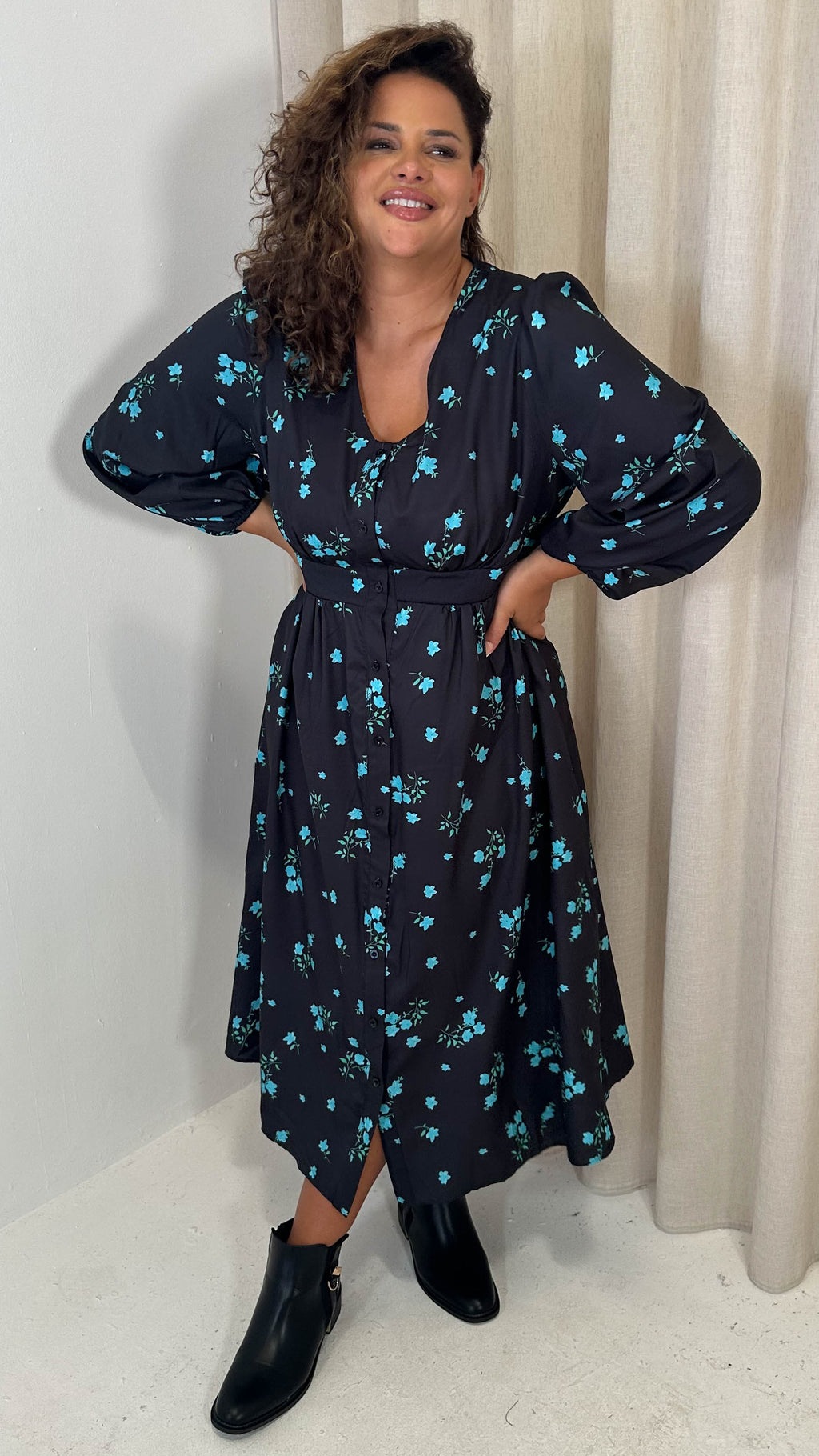 CurveWow Button Front Dress Black Blue Floral
