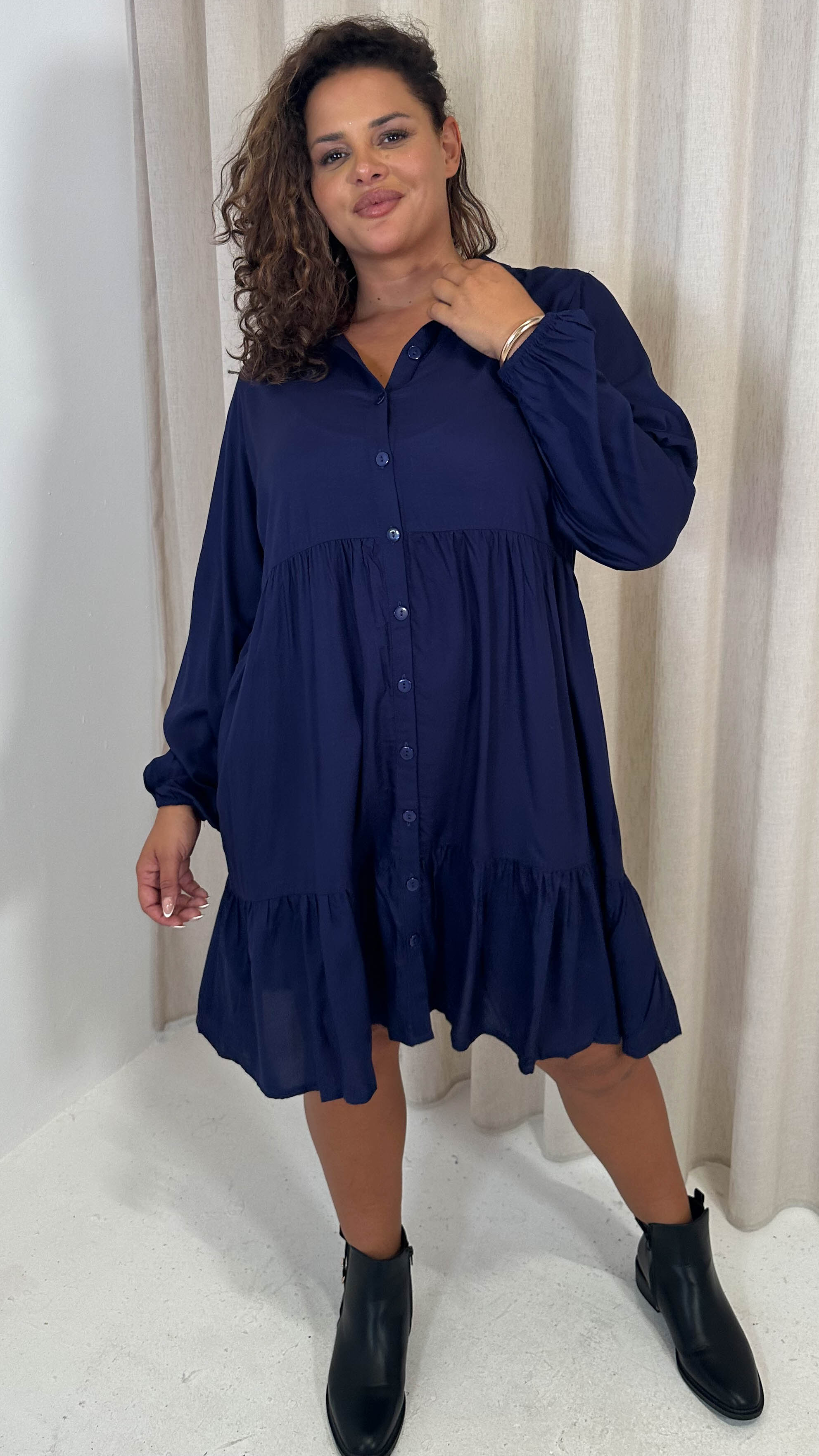 CurveWow Tiered Cargo Shirt Dress Navy