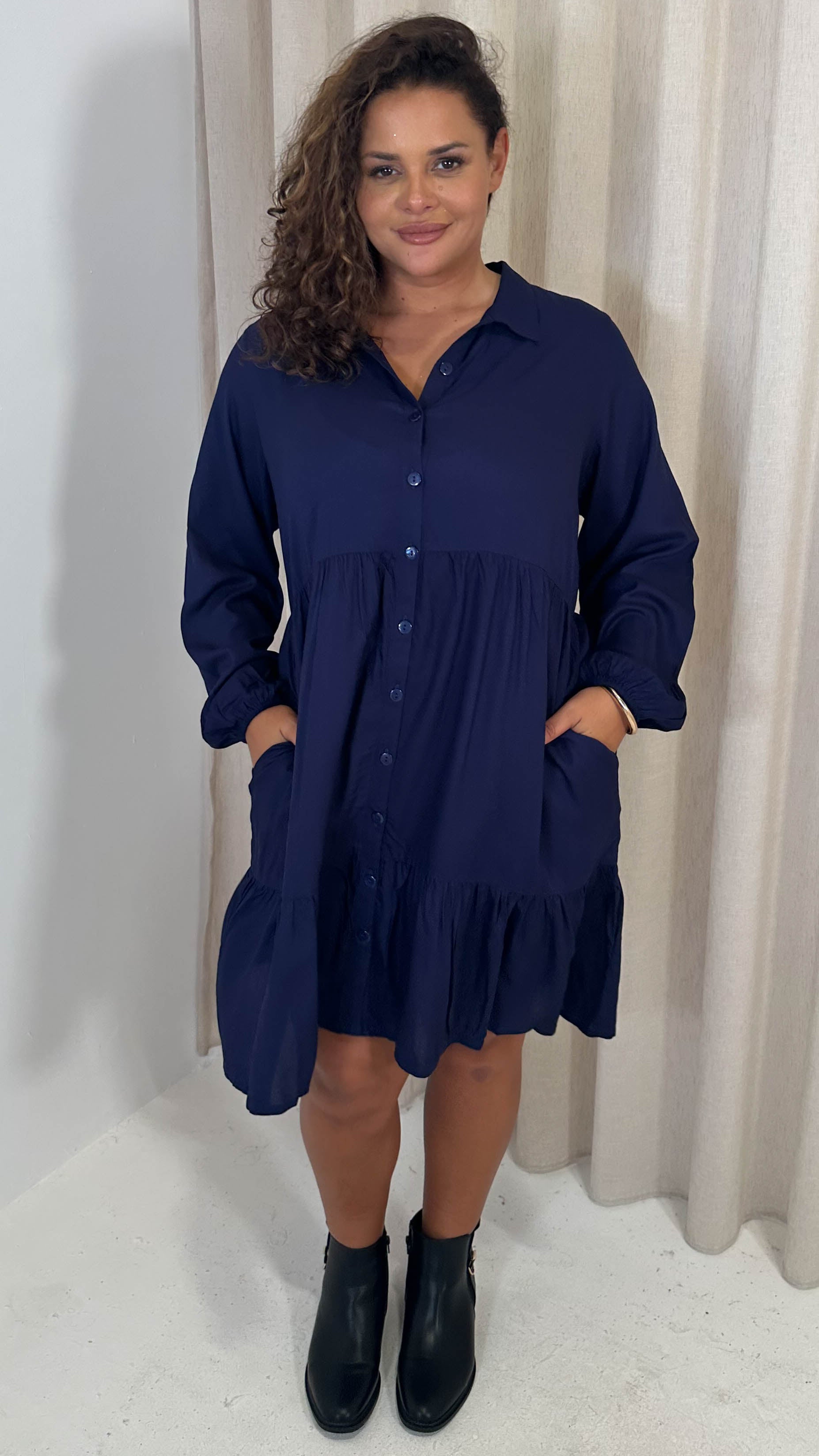 CurveWow Tiered Cargo Shirt Dress Navy