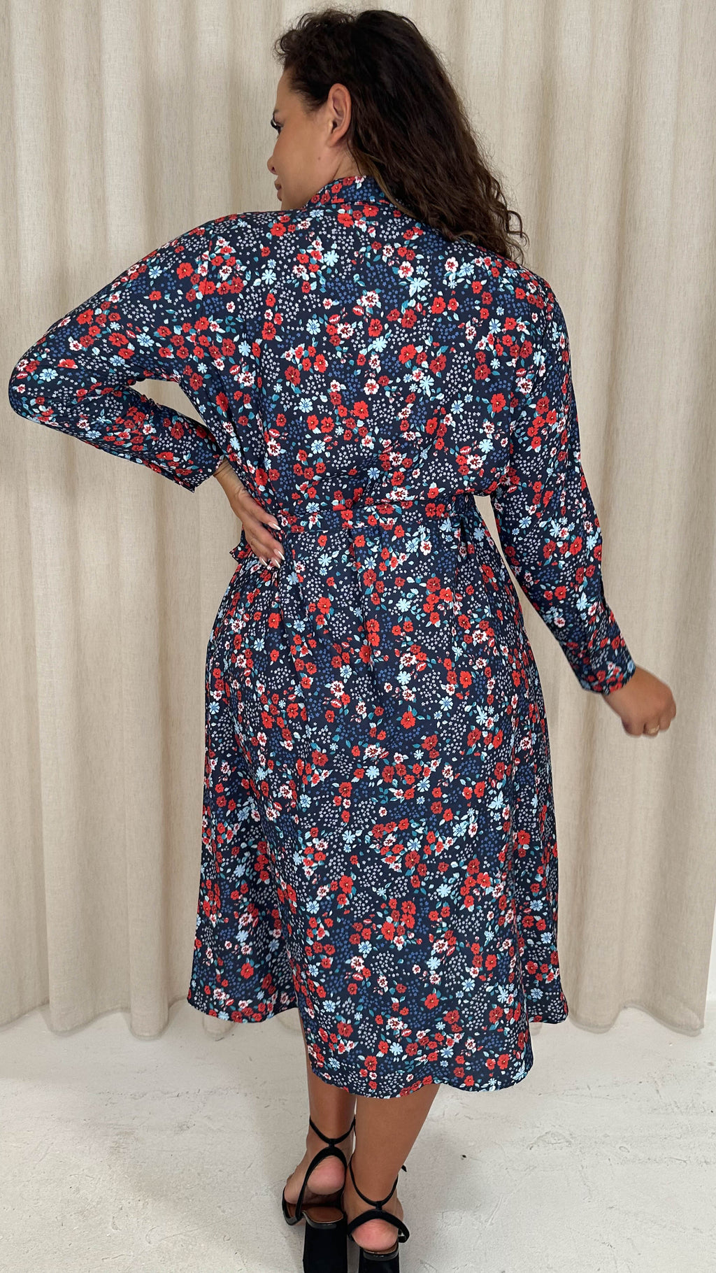 CurveWow Midi Wrap Shirt Dress Navy & Red Floral