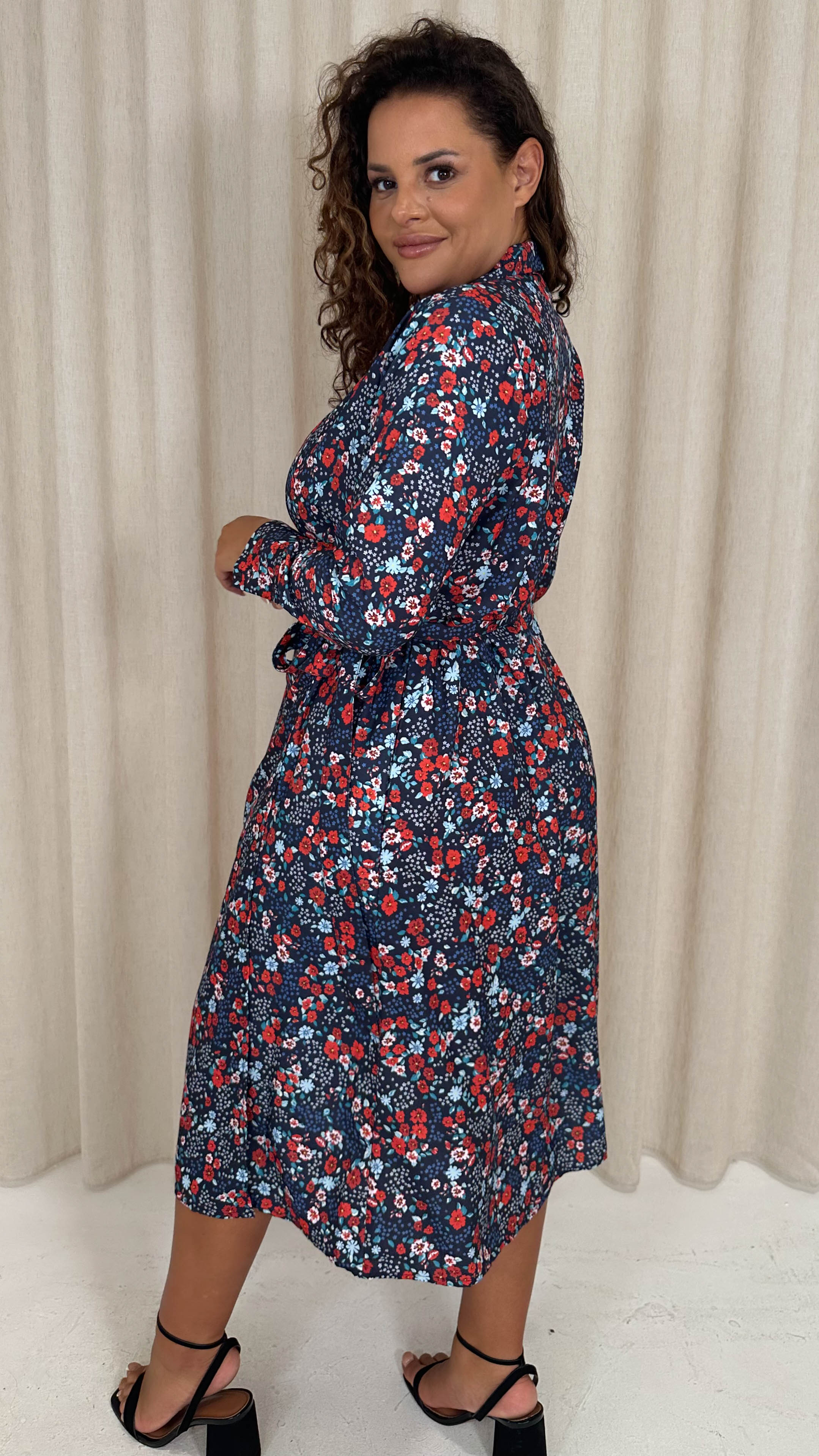CurveWow Midi Wrap Shirt Dress Navy & Red Floral