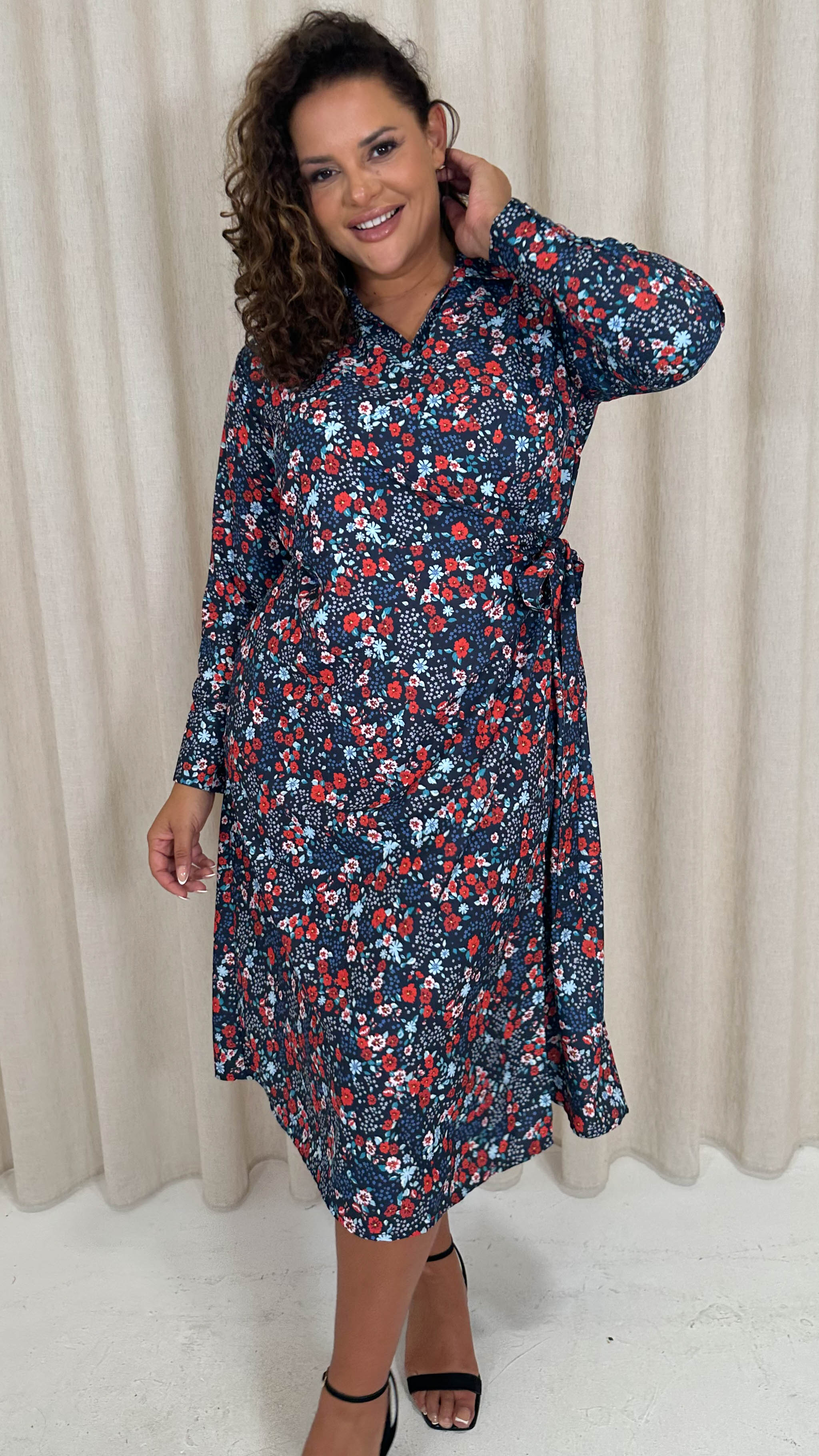 CurveWow Midi Wrap Shirt Dress Navy & Red Floral