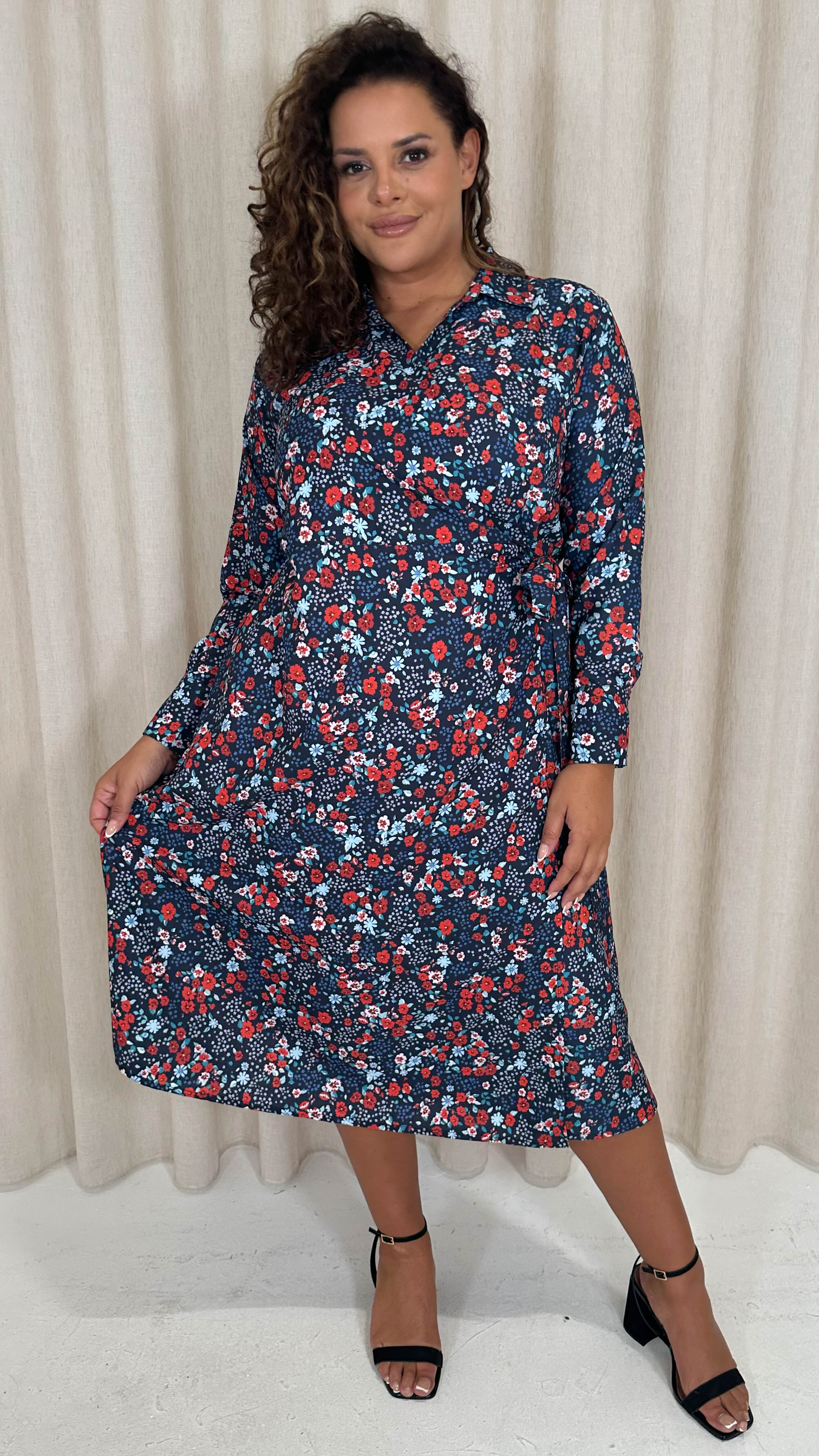 CurveWow Midi Wrap Shirt Dress Navy & Red Floral
