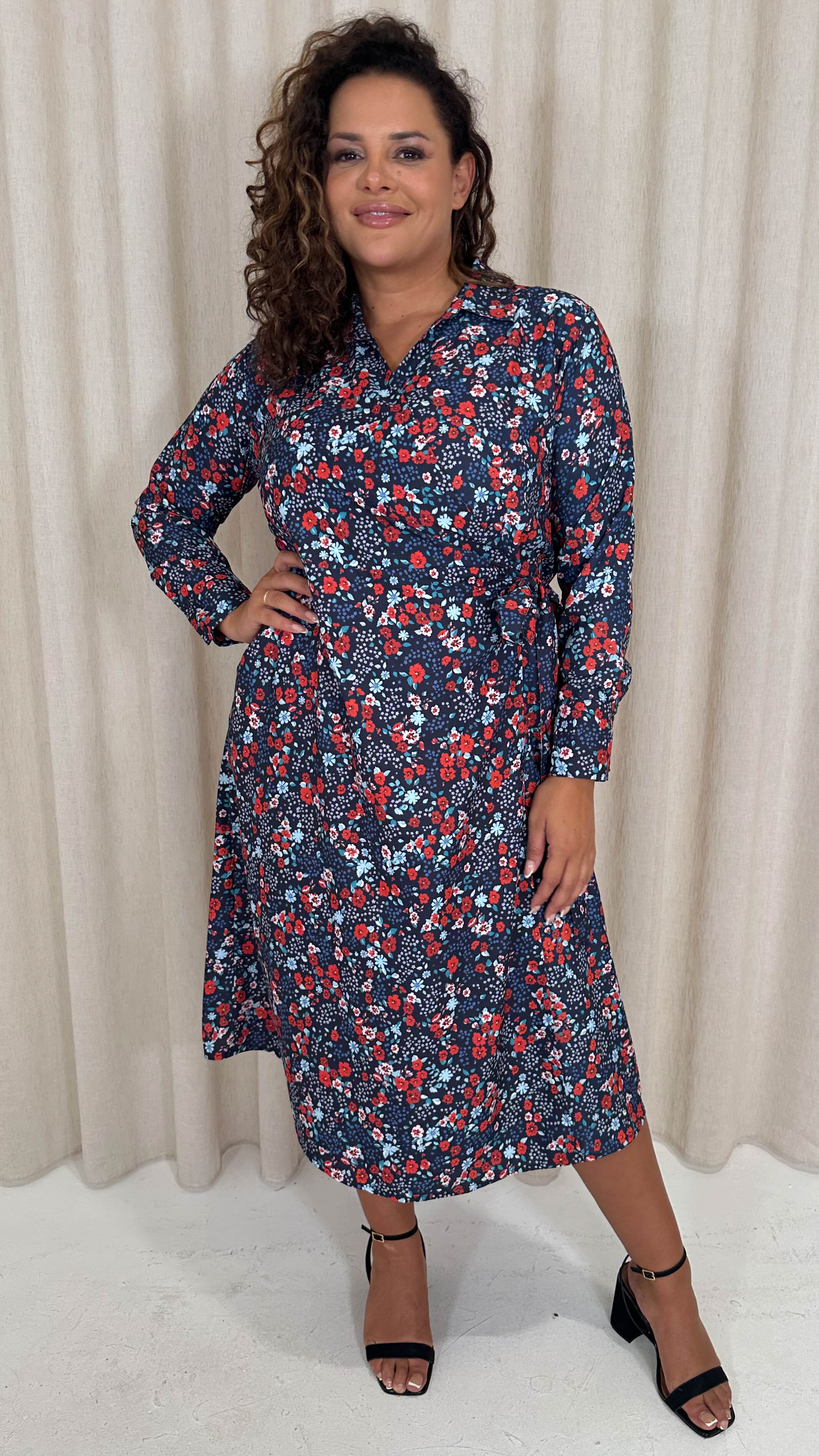 CurveWow Midi Wrap Shirt Dress Navy & Red Floral
