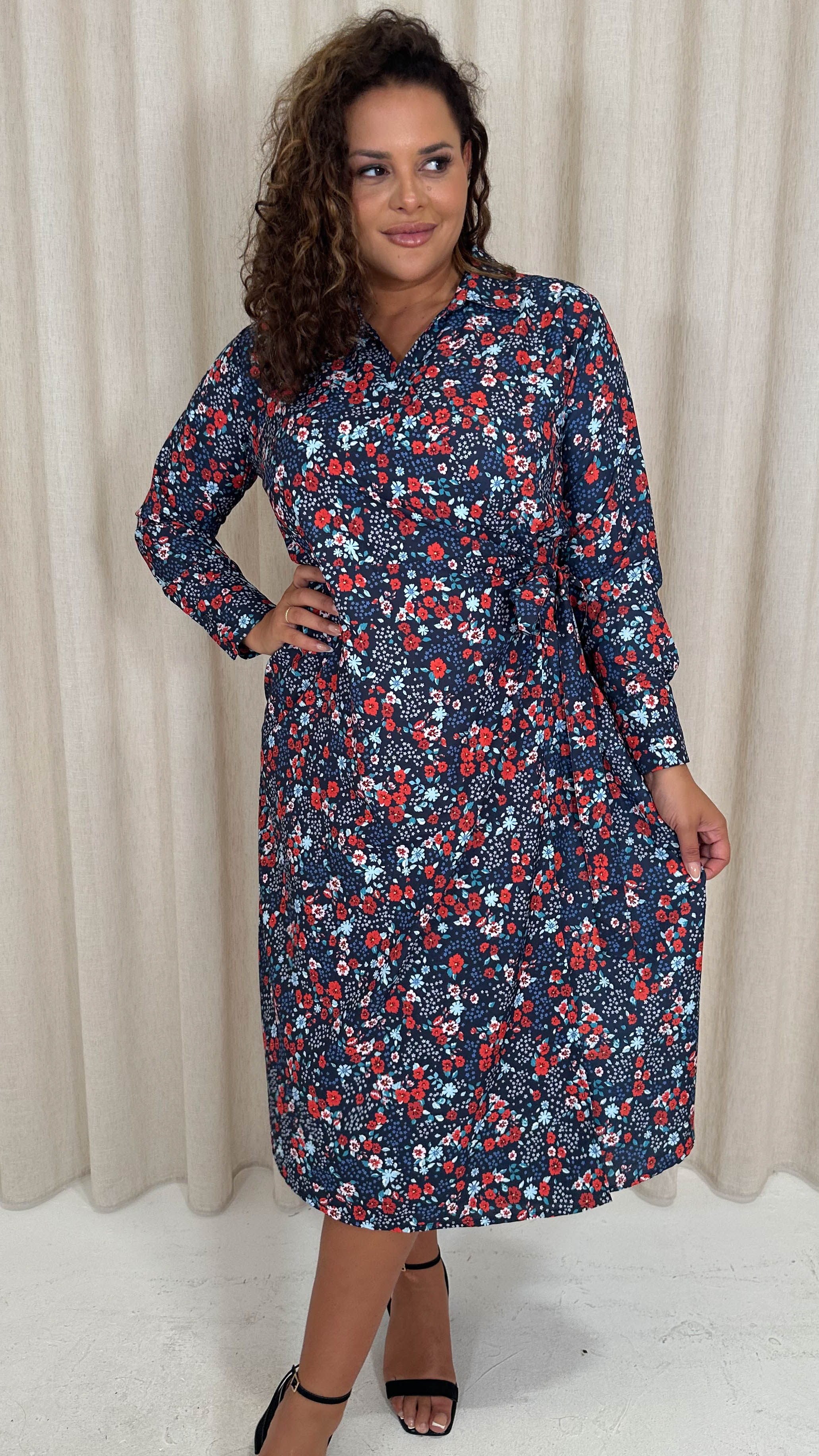 CurveWow Midi Wrap Shirt Dress Navy & Red Floral