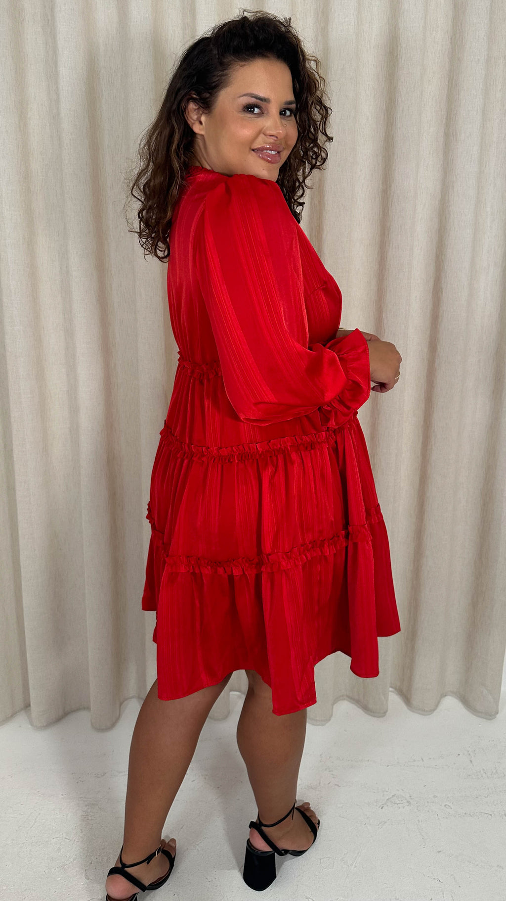 CurveWow Striped Satin Tiered Mini Dress Red