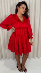 CurveWow Striped Satin Tiered Mini Dress Red