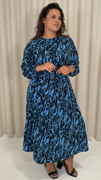 CurveWow Tiered Midaxi Dress Blue Zebra