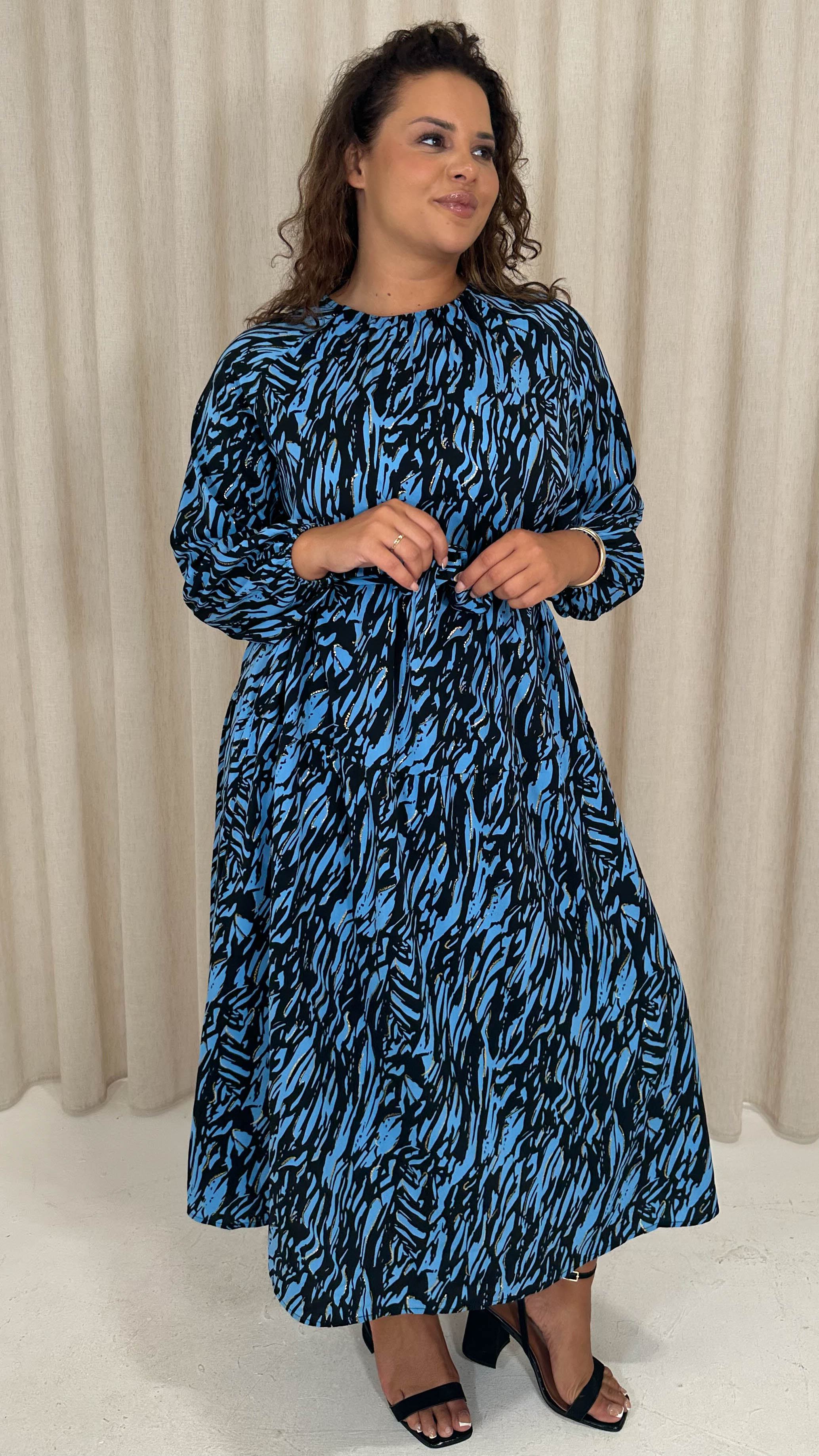 CurveWow Tiered Midaxi Dress Blue Zebra