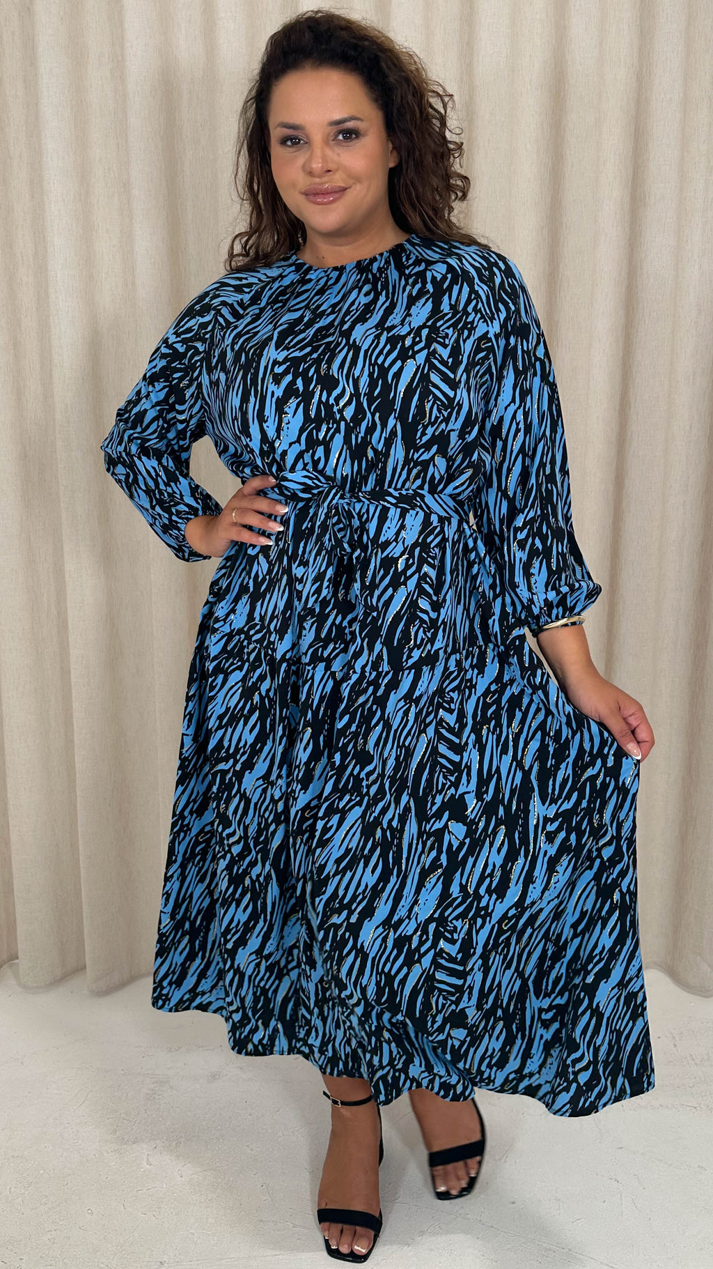 CurveWow Tiered Midaxi Dress Blue Zebra