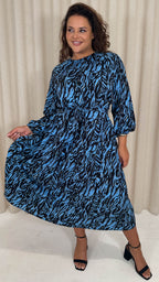 CurveWow Tiered Midaxi Dress Blue Zebra