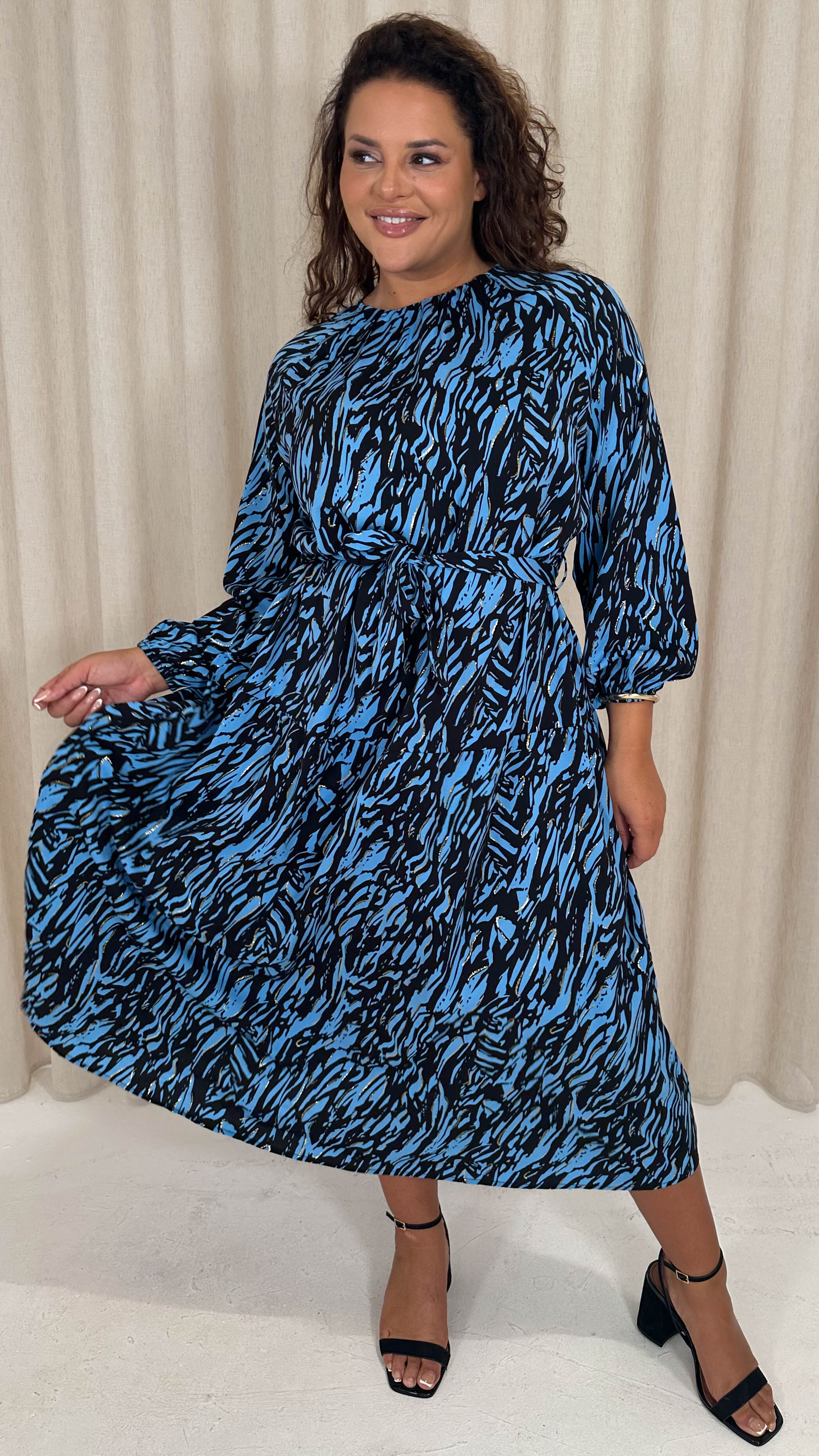 CurveWow Tiered Midaxi Dress Blue Zebra